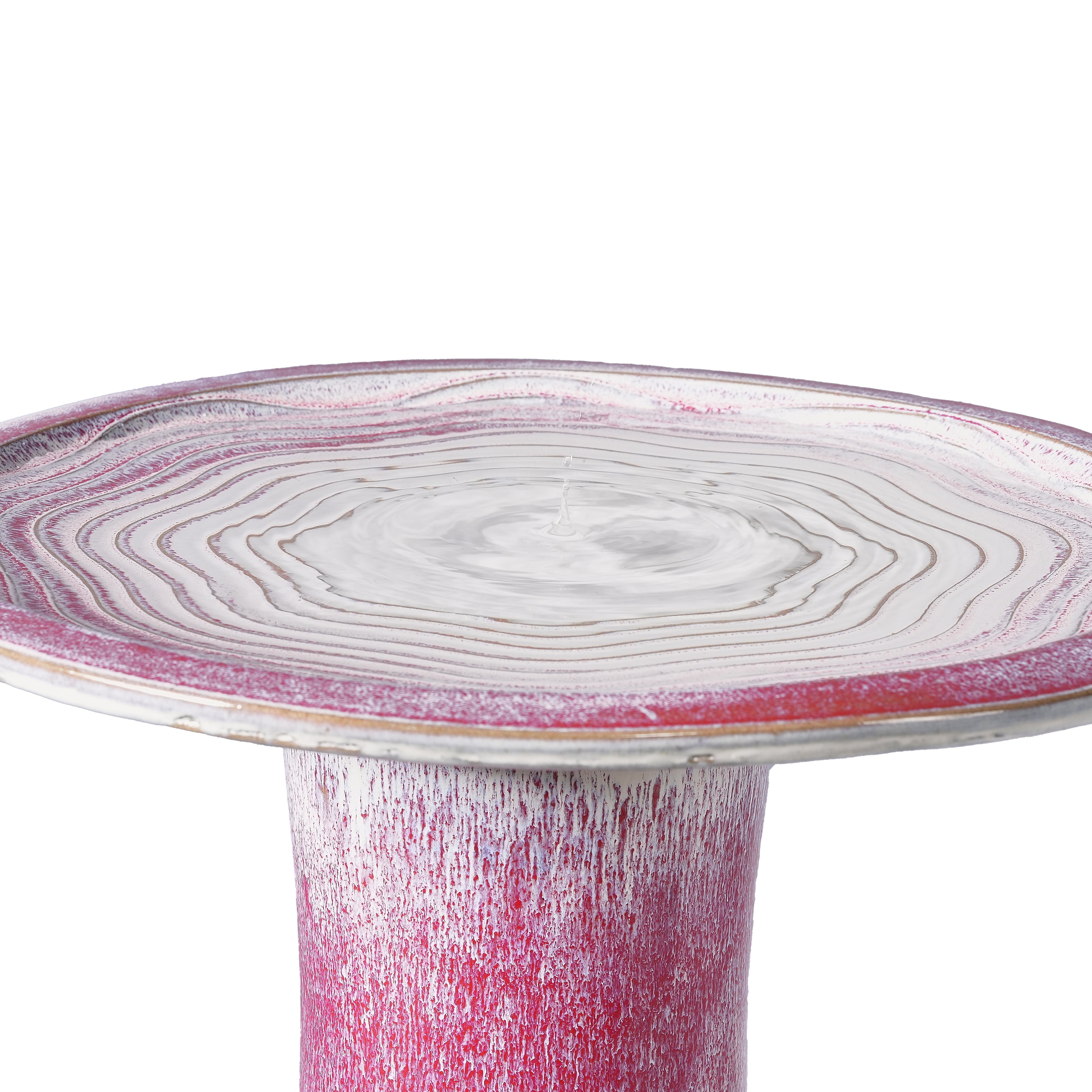 Handmade glazed ceramic bird bath, 17" concentric ripple embossed tray & 18" pedestal base, white to rose ombre gradient glaze outdoor bird feeder for yard, lawn, patio & backyard