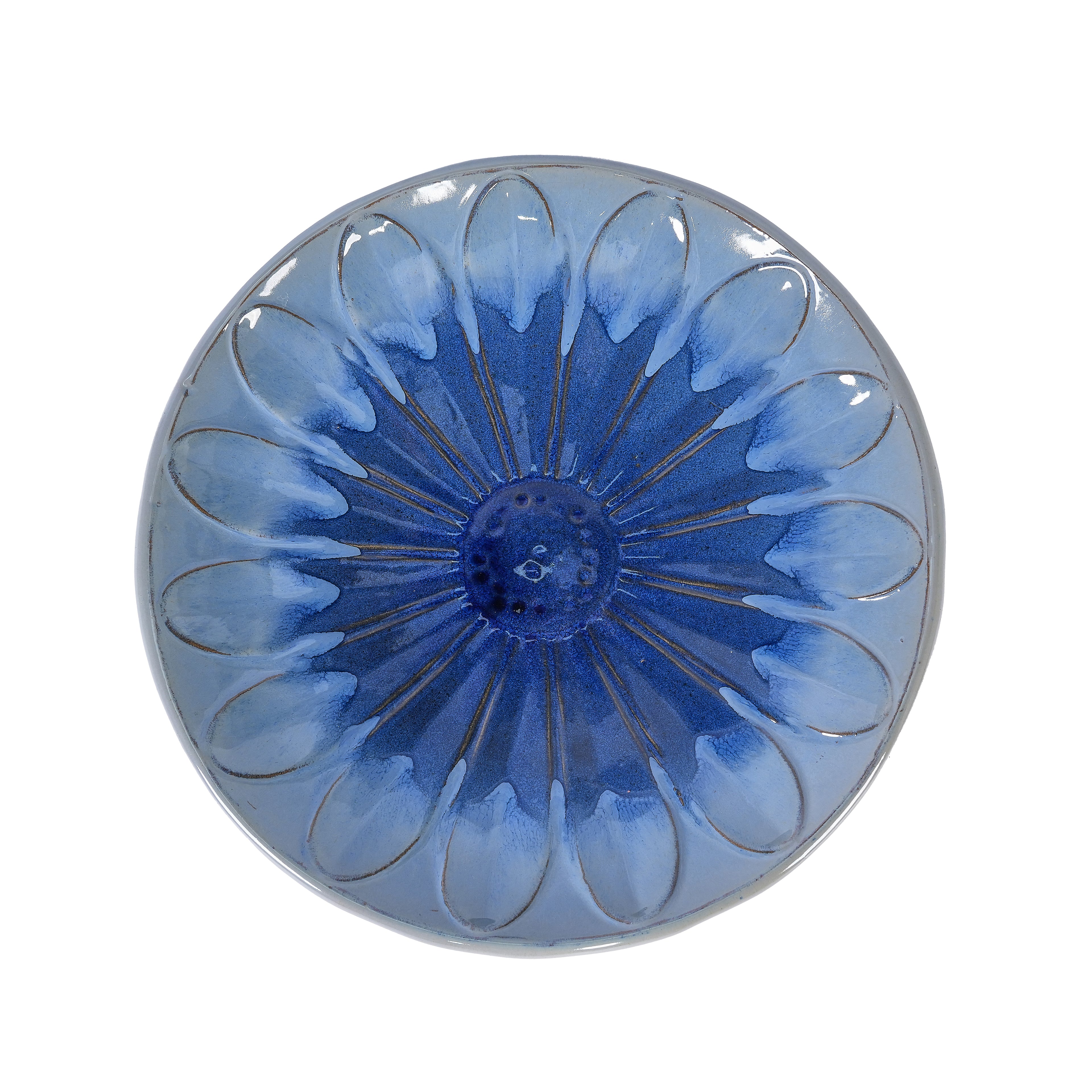 Handmade glazed ceramic bird bath, 17" daisy petal embossed tray & 18" pedestal base, light grey to sapphire blue ombre gradient glaze outdoor bird feeder for yard, lawn, patio & backyard