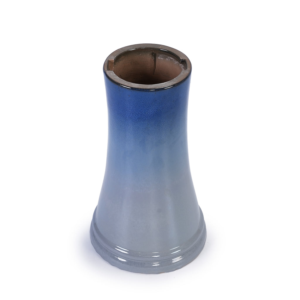 Handmade glazed ceramic bird bath, 17" daisy petal embossed tray & 18" pedestal base, light grey to sapphire blue ombre gradient glaze outdoor bird feeder for yard, lawn, patio & backyard