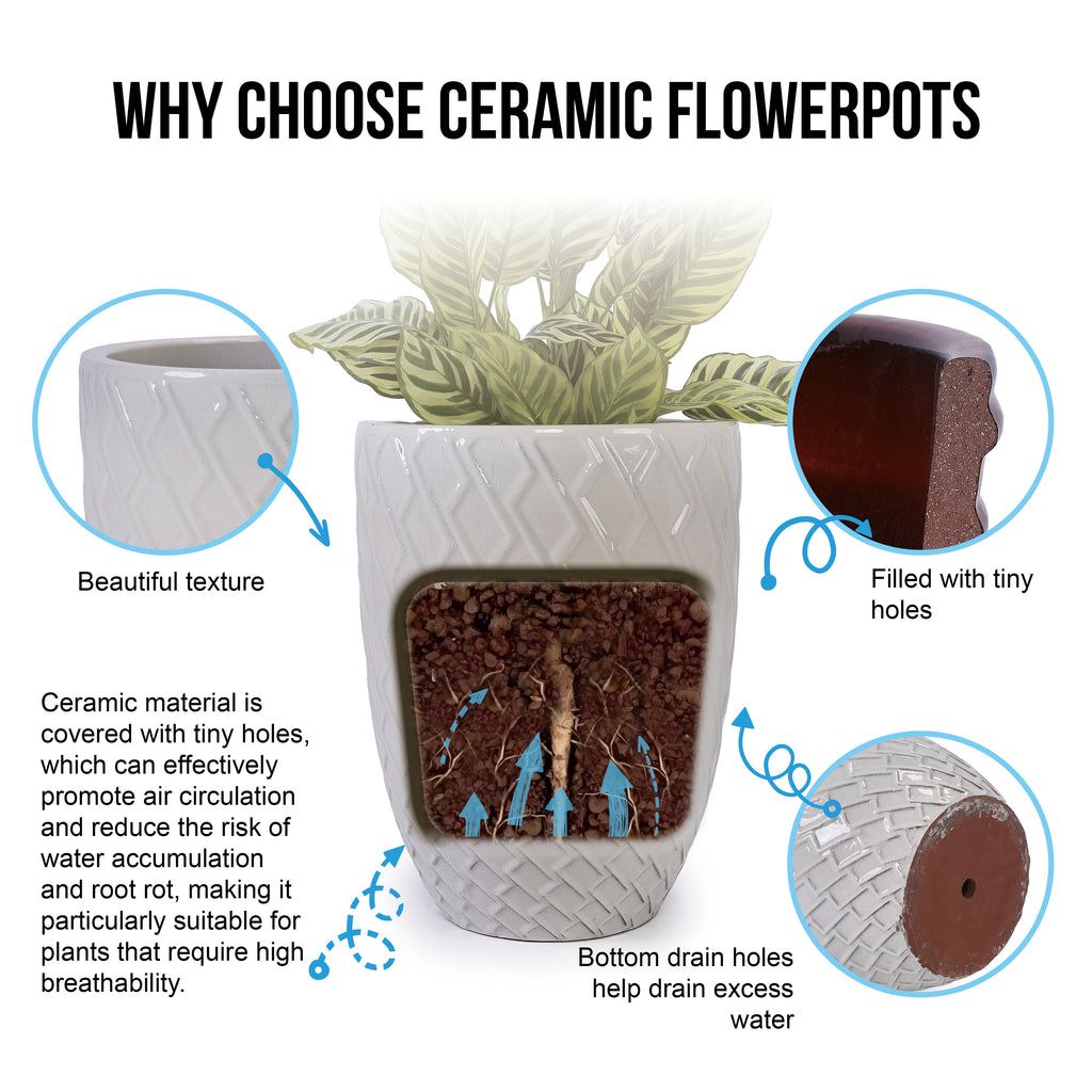Handmade Ceramic Planter Pot, 17 Inch Diameter, 1 Piece, Cream White with Diamond Pattern, for Monstera Deliciosa and Fiddle Leaf Fig, Indoor/Outdoor Doorway Use, Breathable Clay