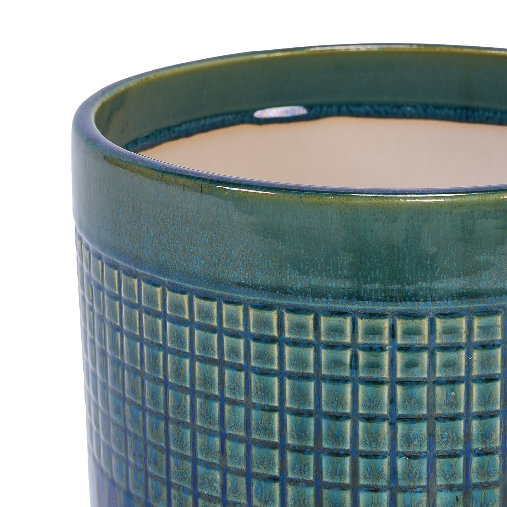 Handmade Green Glazed Ceramic Planter Set of 3, 10" 8" 6" Diameter, Square Grid Pattern, for Succulents & Herbs Indoor/Outdoor Shelf & Table Use, Breathable Clay with Drainage Holes