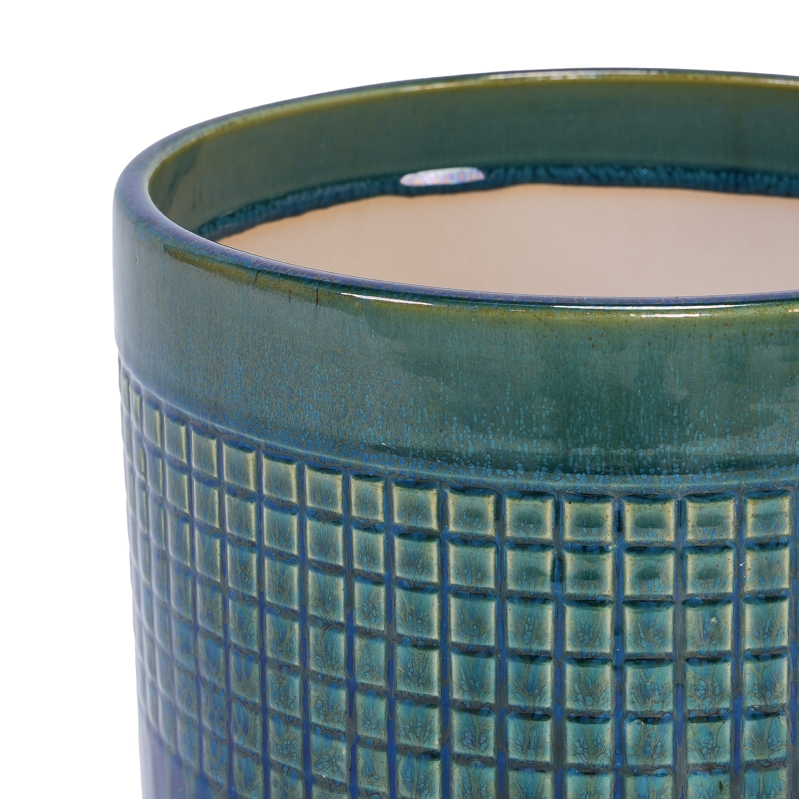 Handmade Green Glazed Ceramic Planter Set of 3, 10" 8" 6" Diameter, Square Grid Pattern, for Succulents & Herbs Indoor/Outdoor Shelf & Table Use, Breathable Clay with Drainage Holes