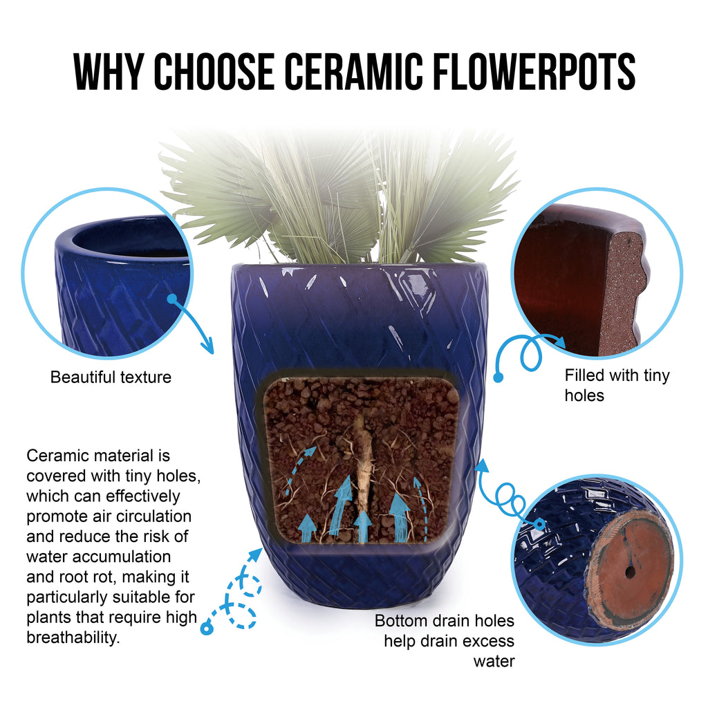 Handmade Ceramic Planter Pot, 17 Inch Diameter, 1 Piece, Sapphire Blue with Diamond Pattern, for Monstera Deliciosa and Fiddle Leaf Fig, Indoor/Outdoor Doorway Use, Breathable Clay