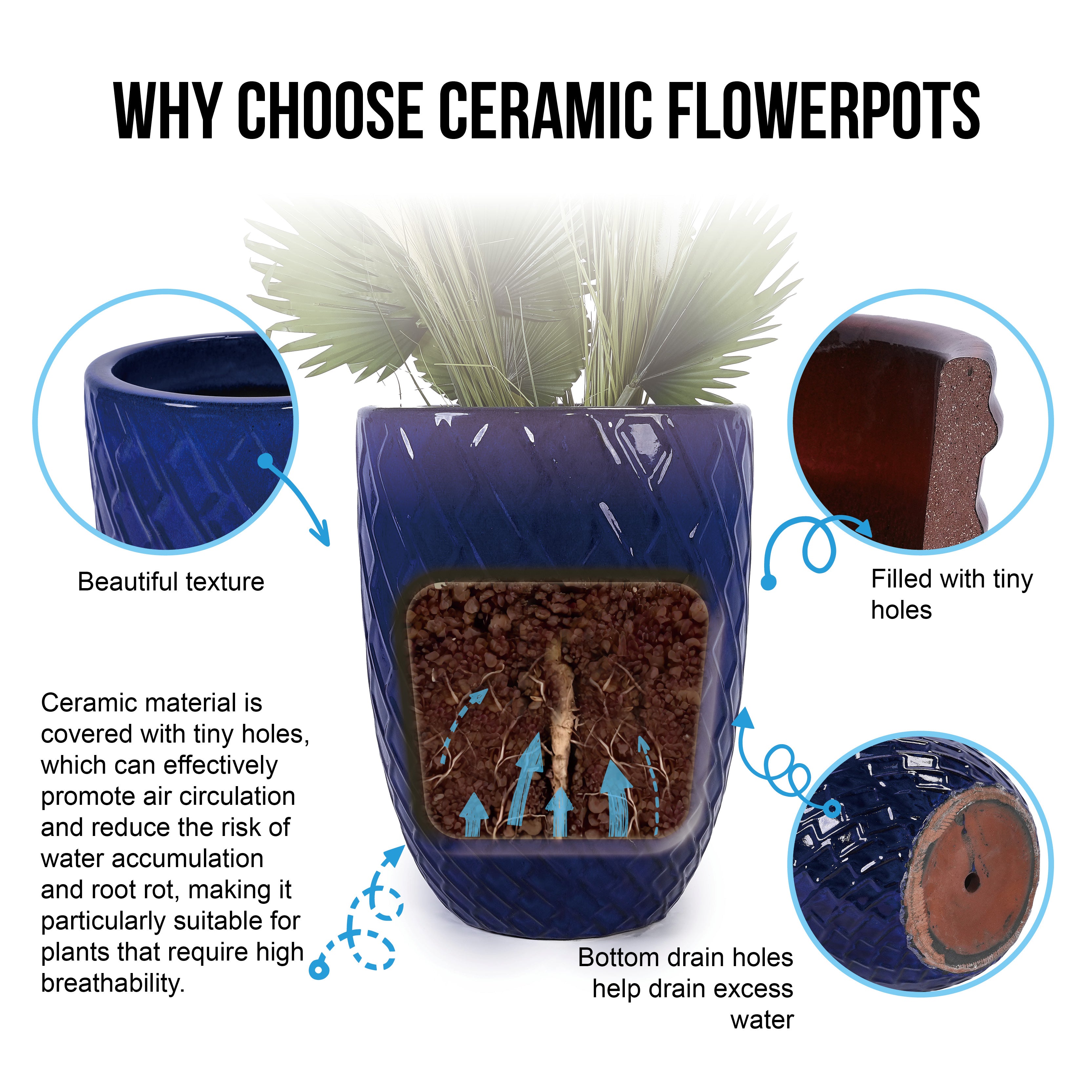 Handmade Ceramic Planter Pot, 17 Inch Diameter, 1 Piece, Sapphire Blue with Diamond Pattern, for Monstera Deliciosa and Fiddle Leaf Fig, Indoor/Outdoor Doorway Use, Breathable Clay