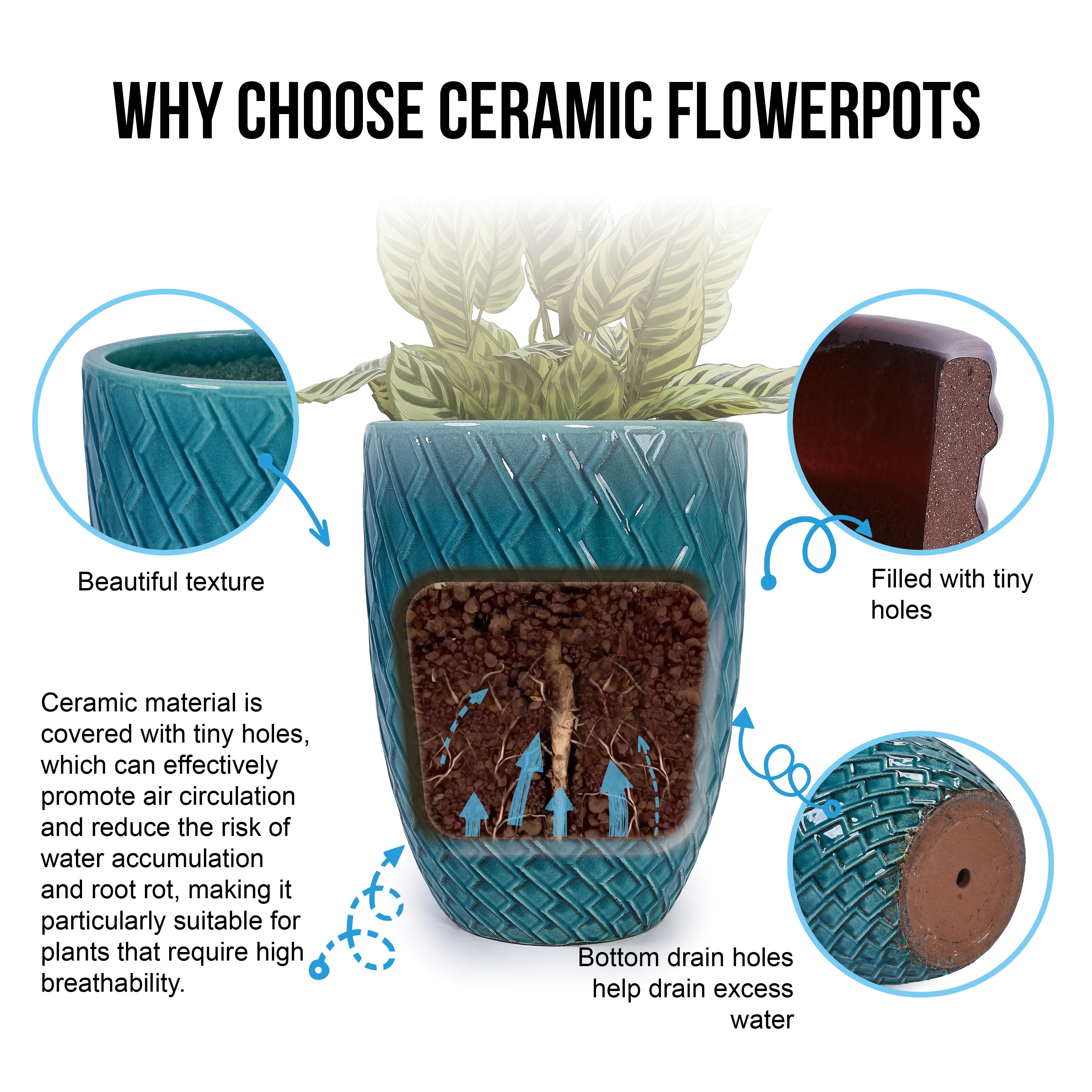 Handmade Ceramic Planter Pot, 17 Inch Diameter, 1 Piece, Teal Cyan with Falling Diamond , for Monstera Deliciosa and Fiddle Leaf Fig, Indoor/Outdoor Doorway Use, Breathable Clay