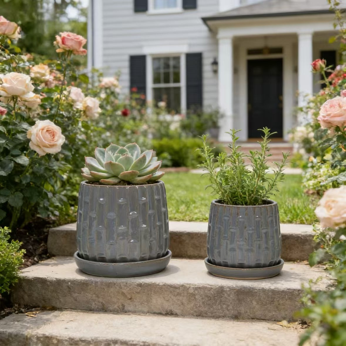 Handmade Ceramic Flower Pot with Groove Pattern, 6 & 8 Inch Diameter, Indoor/Outdoor Use on Windowsill & Bookshelf, Breathable Clay with Saucer