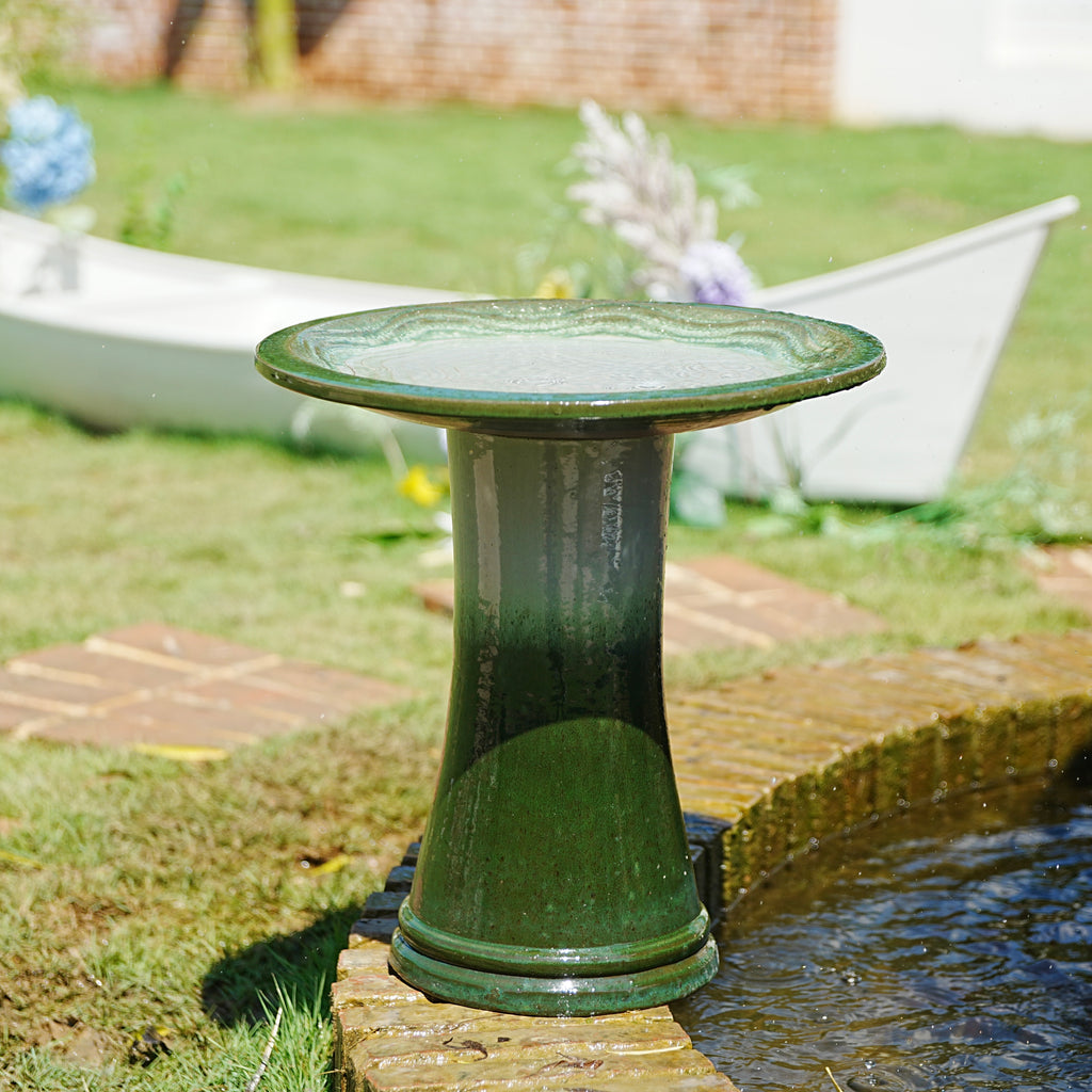 Handmade glazed ceramic bird bath, 17" concentric ripple embossed tray & 18" pedestal base, white to sage green ombre gradient glaze outdoor bird feeder for yard, lawn, patio & backyard