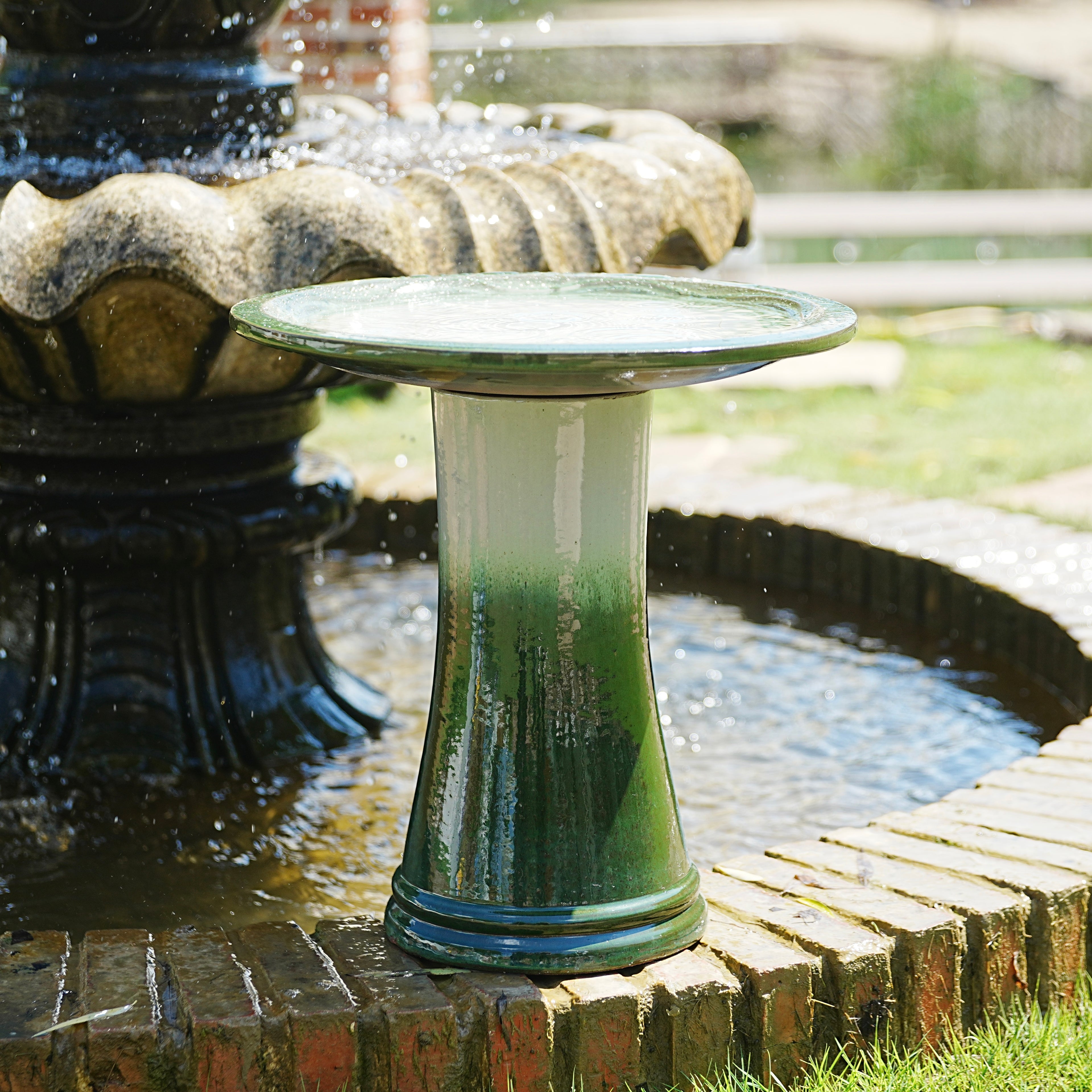 Handmade glazed ceramic bird bath, 17" concentric ripple embossed tray & 18" pedestal base, white to sage green ombre gradient glaze outdoor bird feeder for yard, lawn, patio & backyard