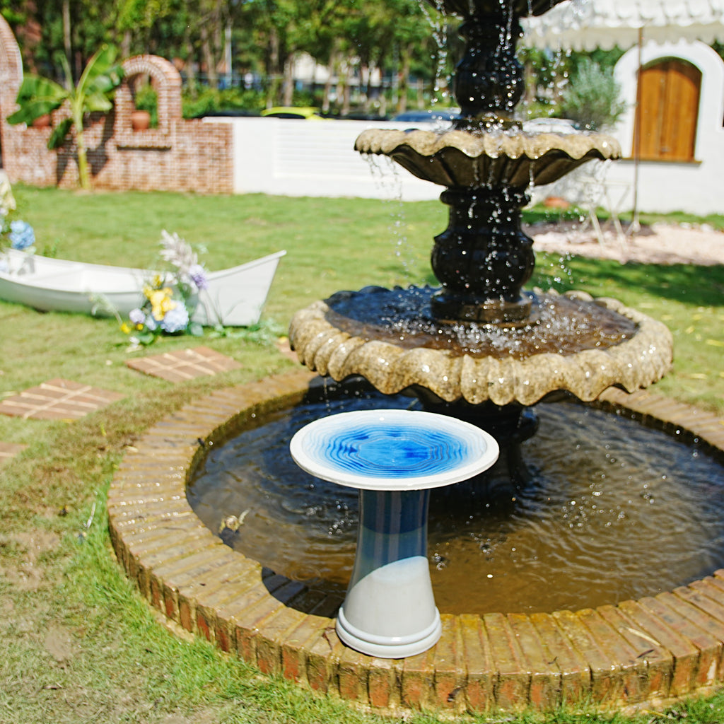 Handmade glazed ceramic bird bath, 17" concentric ripple embossed tray & 18" pedestal base, white to sapphire blue ombre gradient glaze outdoor bird feeder for yard, lawn, patio & backyard