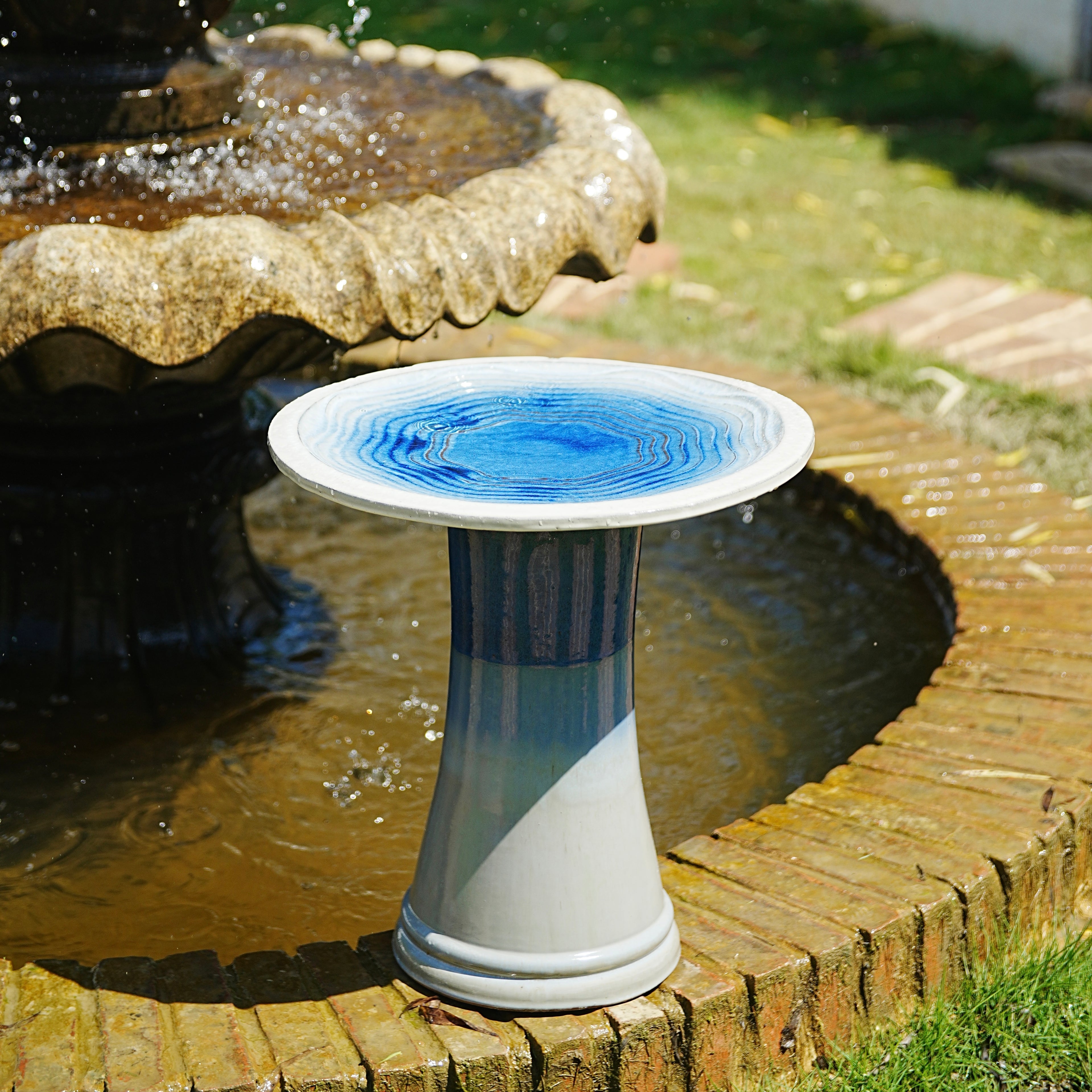 Handmade glazed ceramic bird bath, 17" concentric ripple embossed tray & 18" pedestal base, white to sapphire blue ombre gradient glaze outdoor bird feeder for yard, lawn, patio & backyard