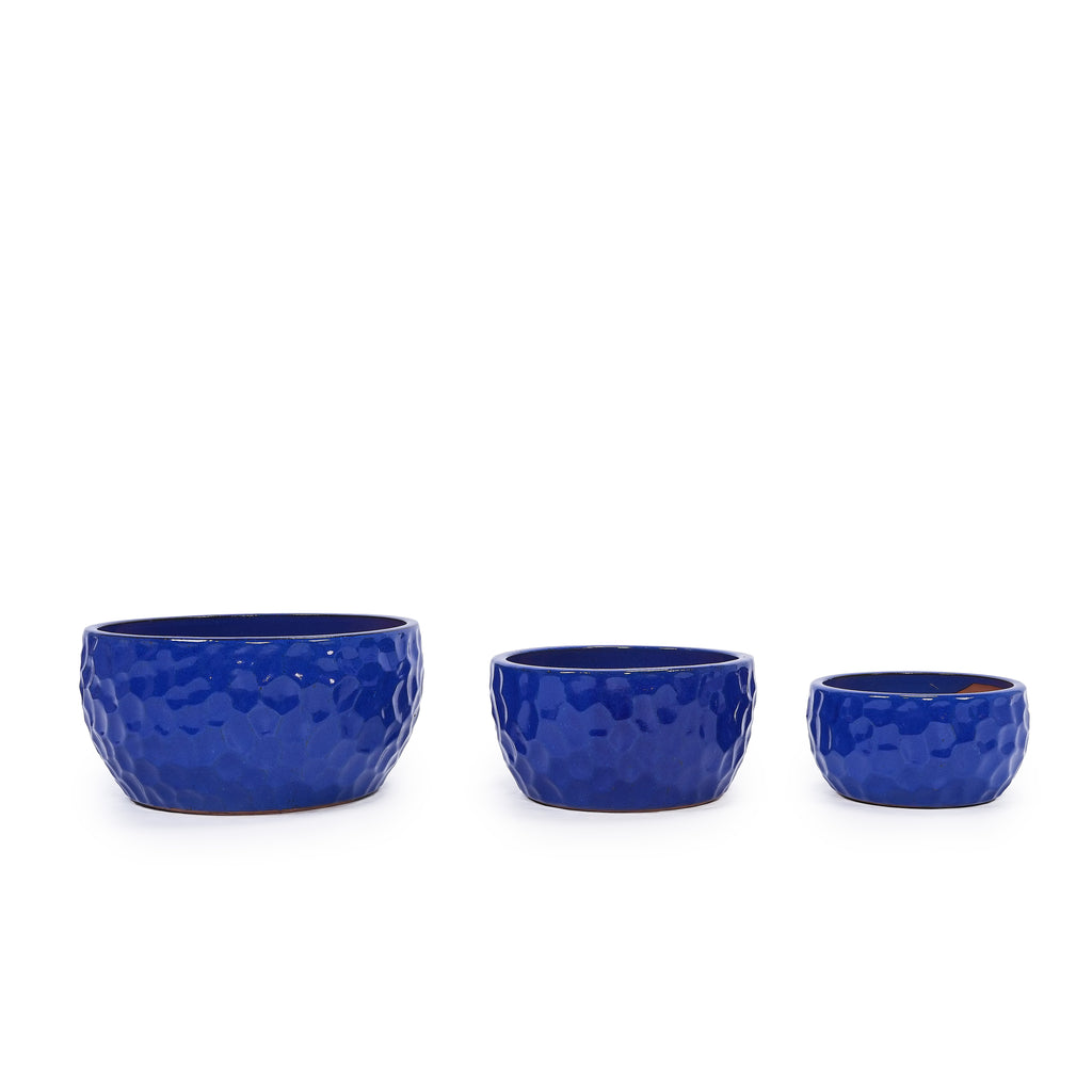 Handmade Ceramic Planter Set of 3, 15"/12"/10" Diameter, Cobalt Blue Hammered Texture, for Succulents & Violets, Indoor/Outdoor Use on Windowsill & Bookshelf, Breathable Clay