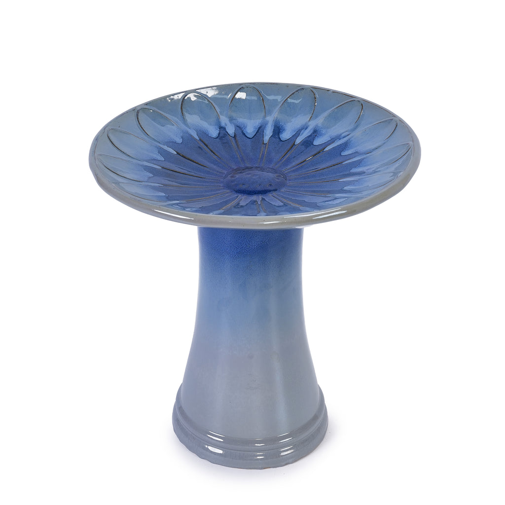 Handmade glazed ceramic bird bath, 17" daisy petal embossed tray & 18" pedestal base, light grey to sapphire blue ombre gradient glaze outdoor bird feeder for yard, lawn, patio & backyard