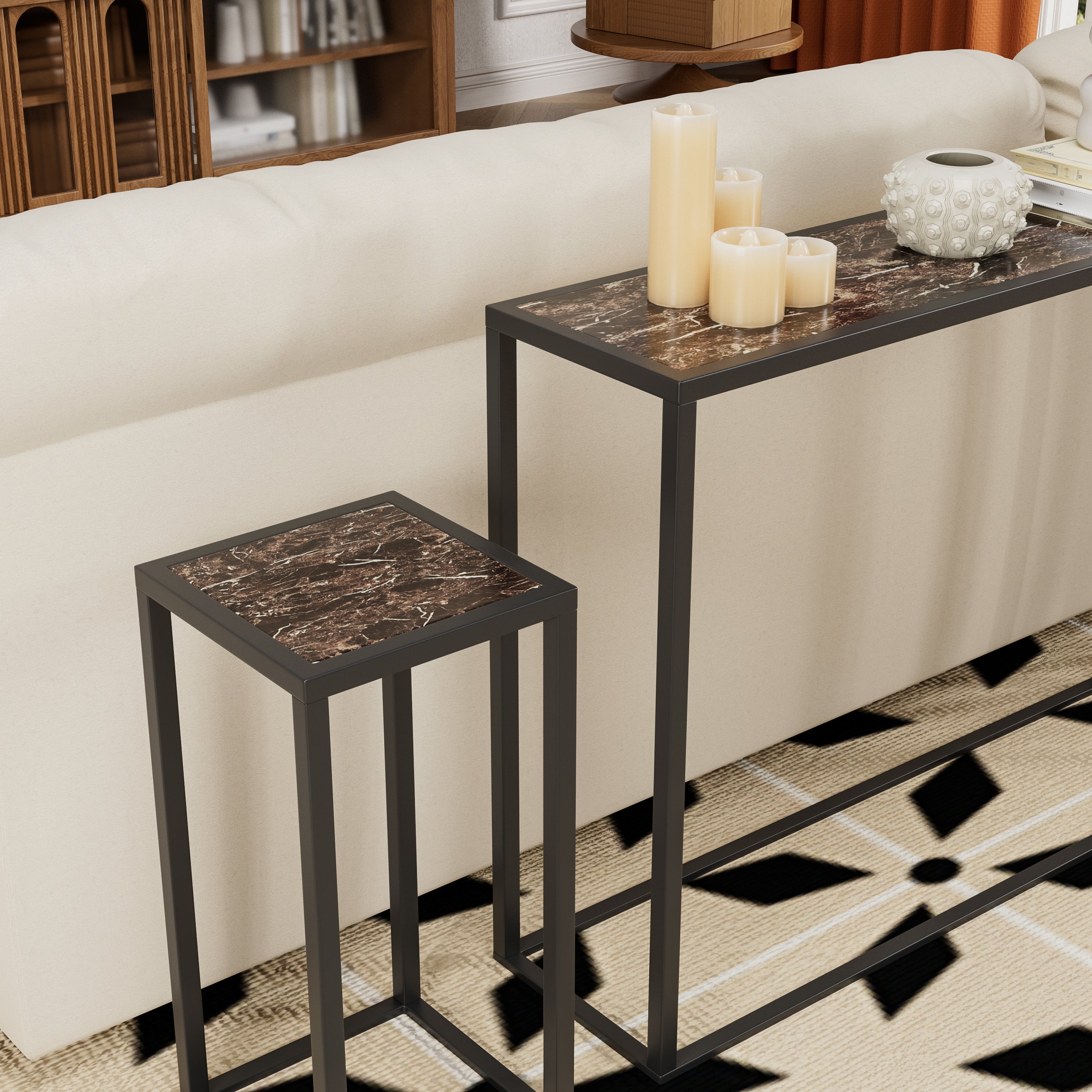 3-piece set of narrow table, high-end edge wrapped entrance hall table, entrance, industrial corridor table, living room, entrance hall, rural brown black color
