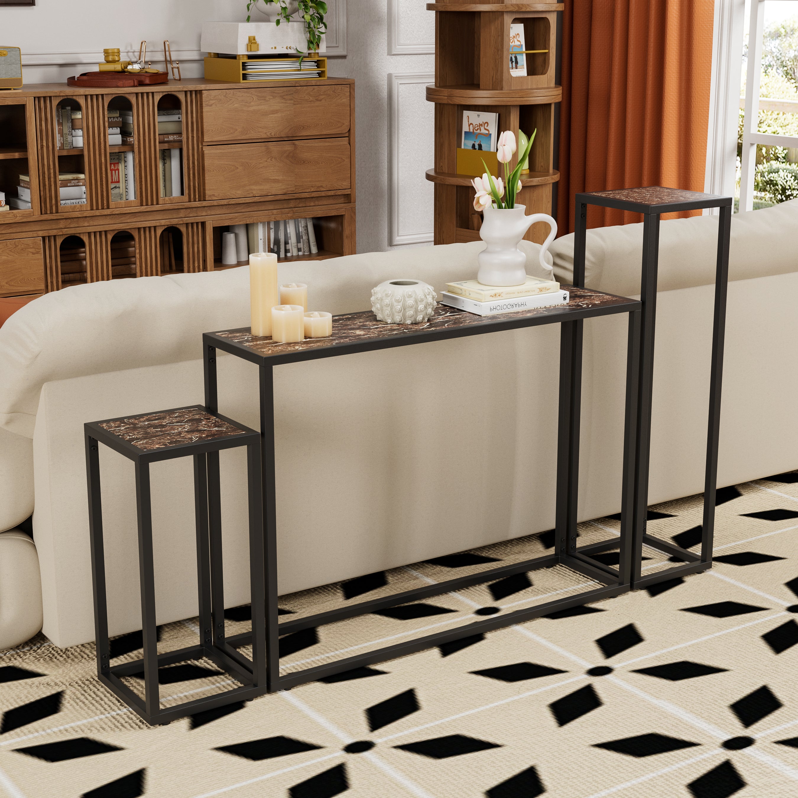 3-piece set of narrow table, high-end edge wrapped entrance hall table, entrance, industrial corridor table, living room, entrance hall, rural brown black color