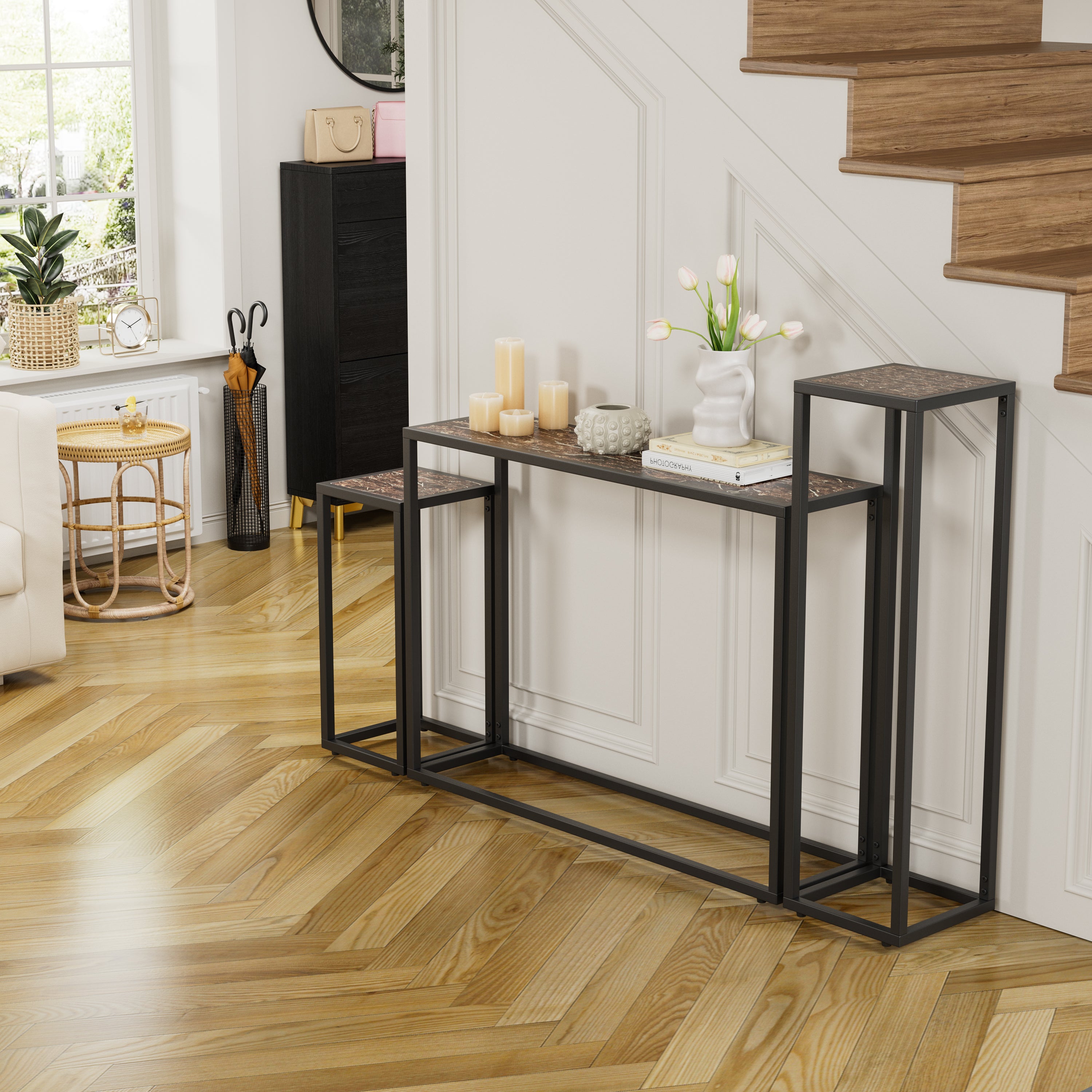 3-piece set of narrow table, high-end edge wrapped entrance hall table, entrance, industrial corridor table, living room, entrance hall, rural brown black color