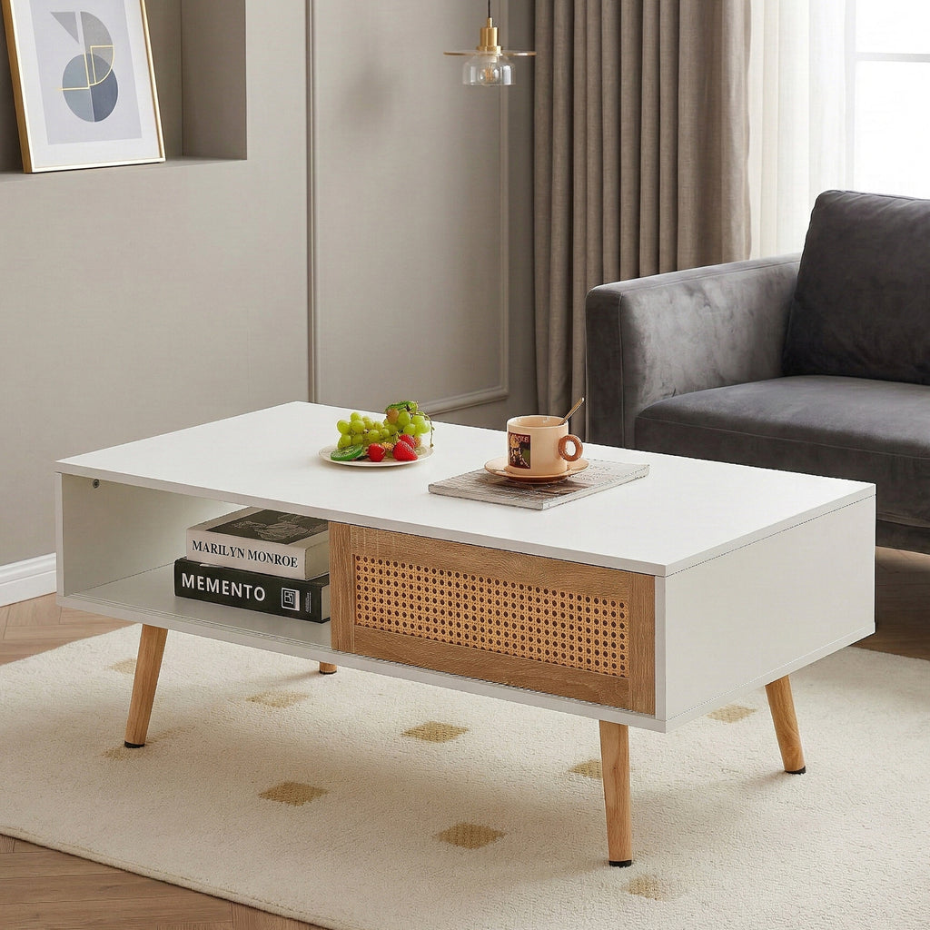41.34" Rattan Coffee table, sliding door for storage, solid wood legs – view 2