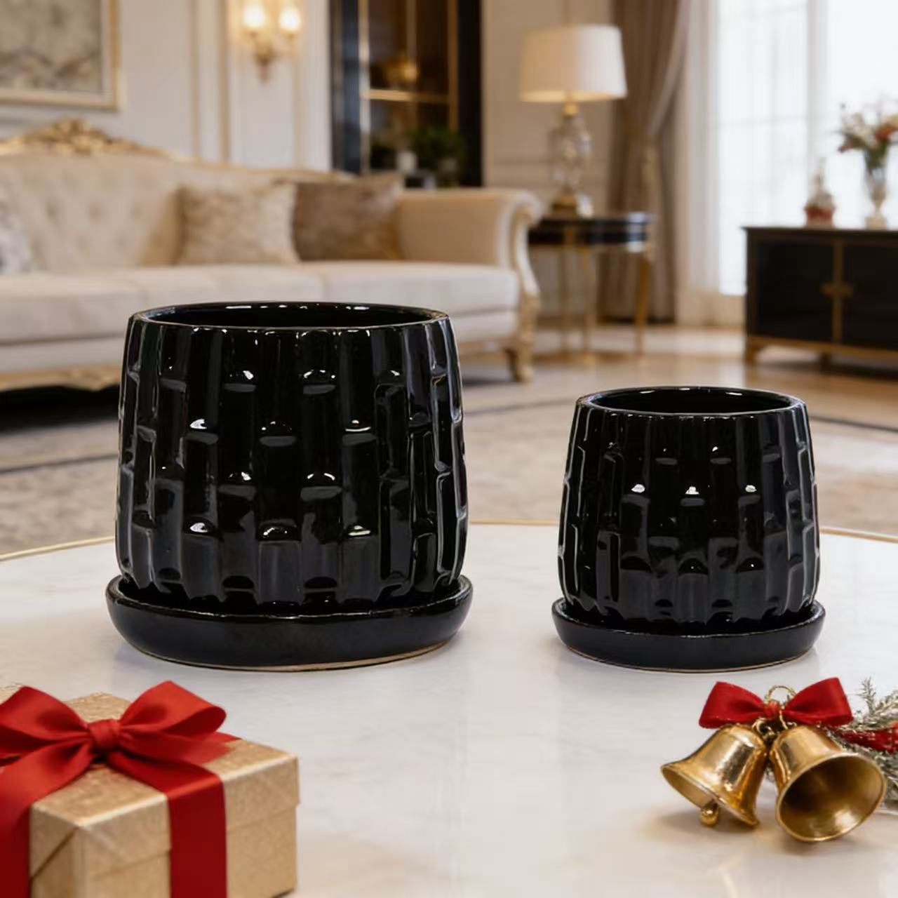 Handmade Ceramic Flower Pot with Groove Pattern, 6 & 8 Inch Diameter, Indoor/Outdoor Use on Windowsill & Bookshelf, Breathable Clay with Saucer