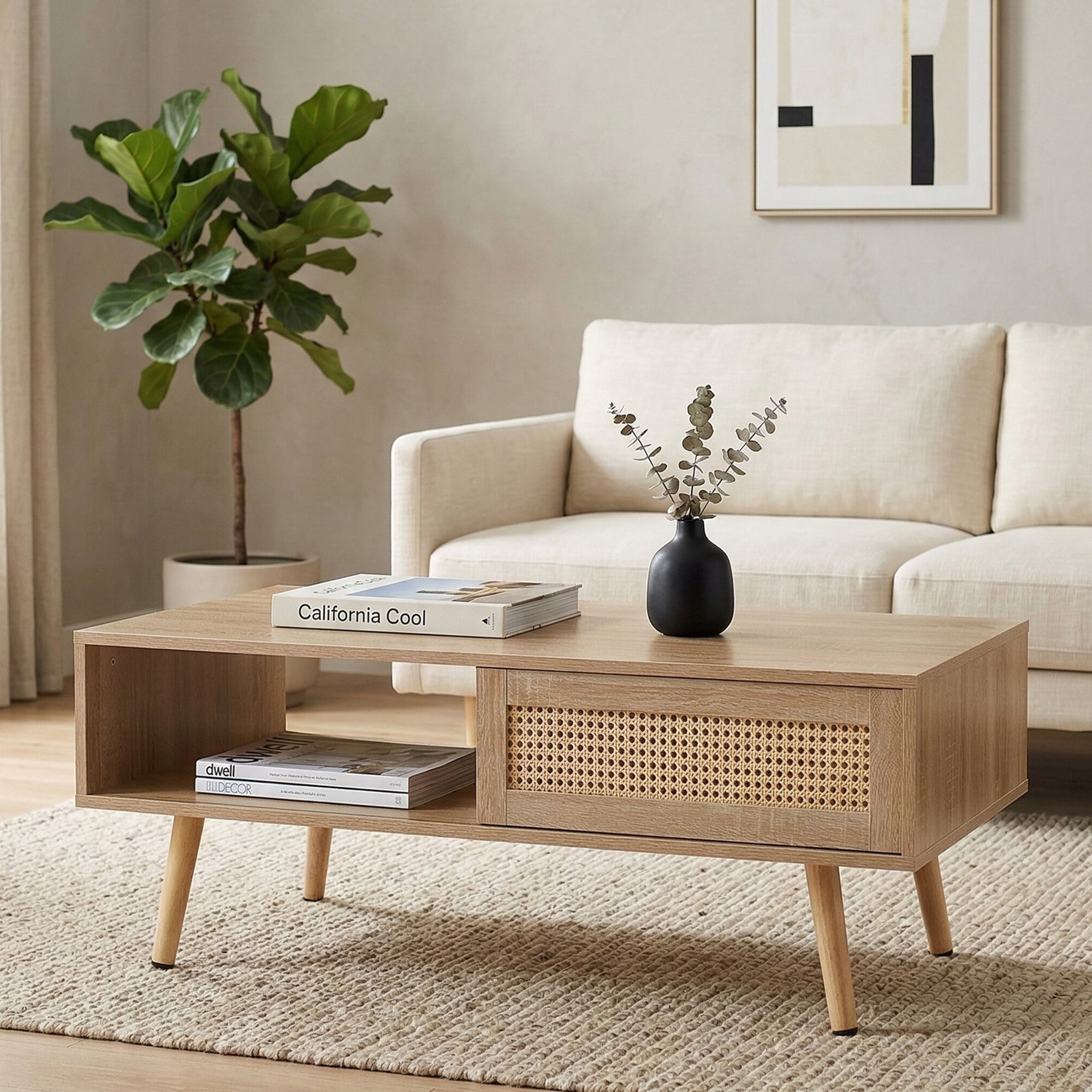 41.34" Rattan Coffee table, sliding door for storage, solid wood legs – view 2