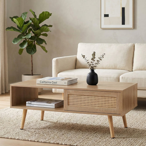 41.34" Rattan Coffee table, sliding door for storage, solid wood legs – view 2