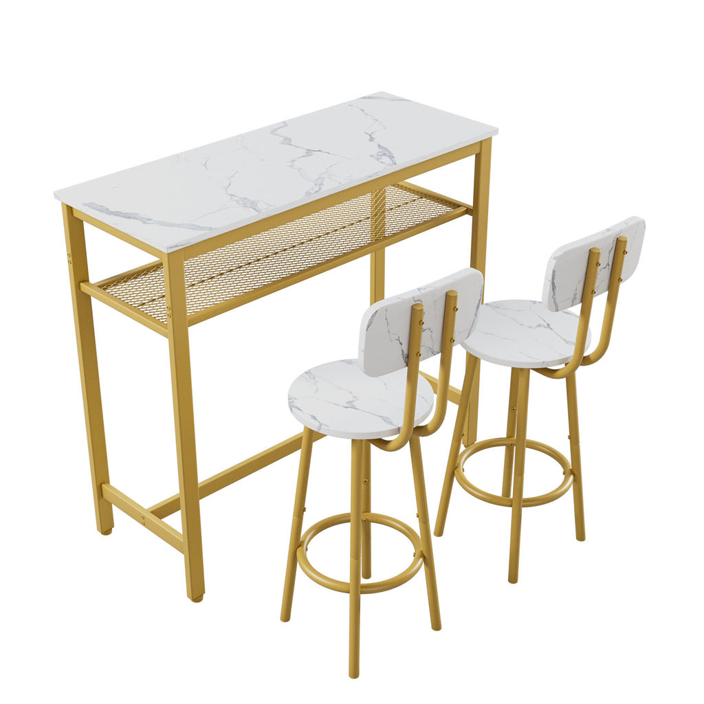Dining Table Set with 2 Stools,3 Piece Counter Height for Kitchen, Living Room, Small Apartment Breakfast Table White Faux Marble Top
