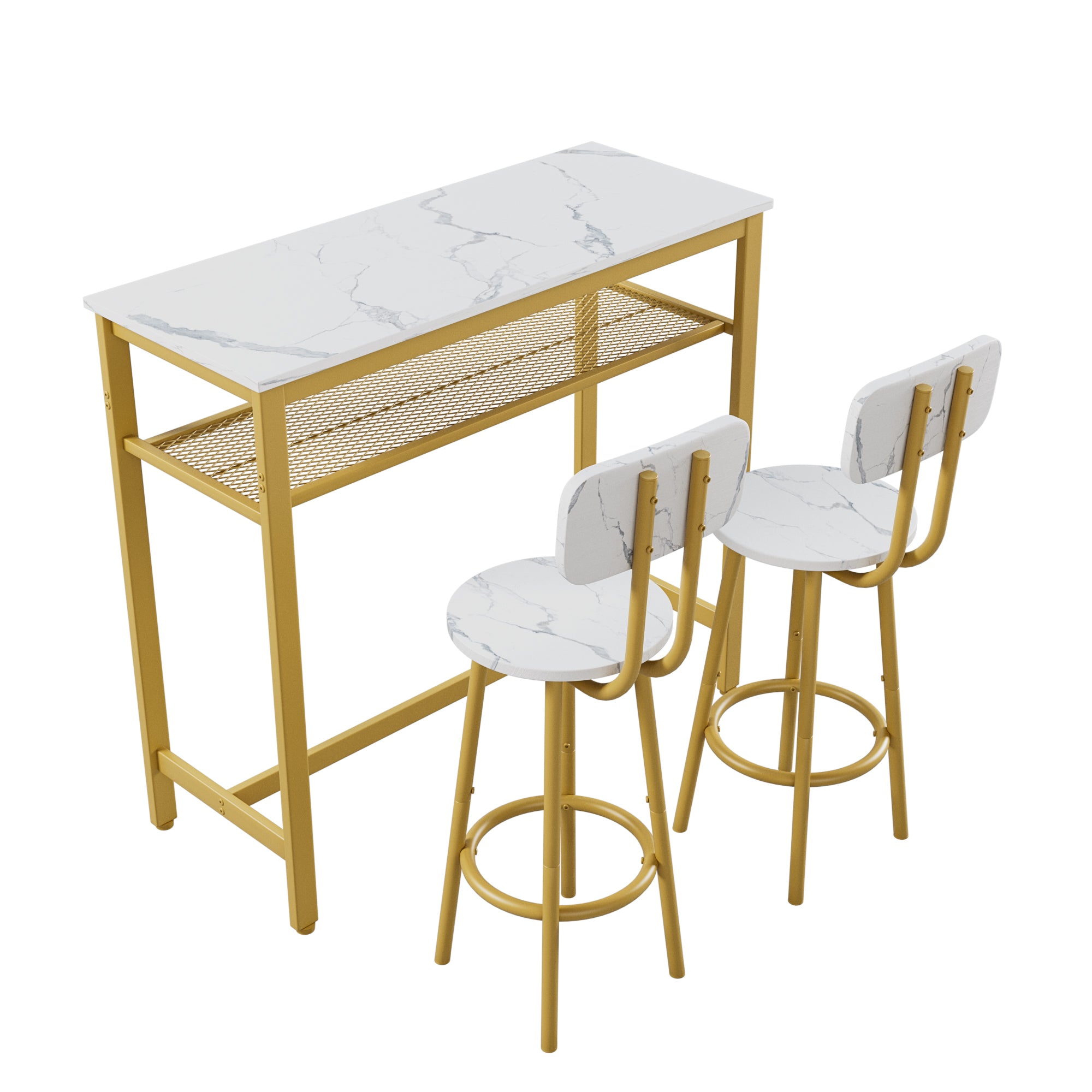Dining Table Set with 2 Stools,3 Piece Counter Height for Kitchen, Living Room, Small Apartment Breakfast Table White Faux Marble Top