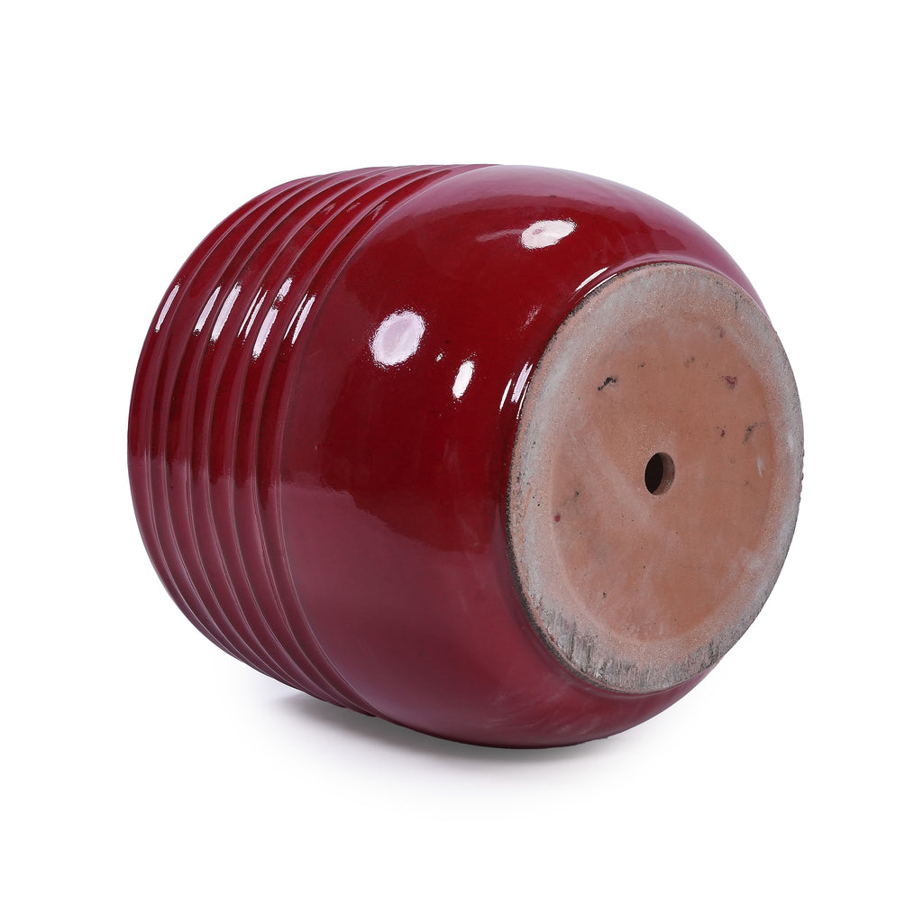 Handmade Glazed Ceramic Planter Set of 3, 15/11/8 Inch Diameter, Horizontal Groove Pattern, for Succulents & Flowering Plants Outdoor Garden & Indoor Staircase Bookshelf Use, Breathable Clay, Deep Red