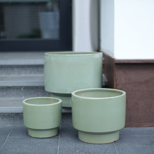 Handmade Solid Glaze Ceramic Planter Set of 3, 15/12/9 Inch Diameter, for Succulents & Flowers Outdoor Garden & Indoor Staircase Use, Breathable Porous Clay, Earthy Green