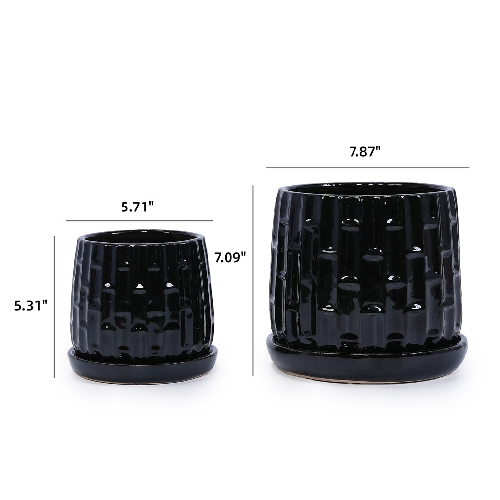 Handmade Ceramic Flower Pot with Groove Pattern, 6 & 8 Inch Diameter, Indoor/Outdoor Use on Windowsill & Bookshelf, Breathable Clay with Saucer