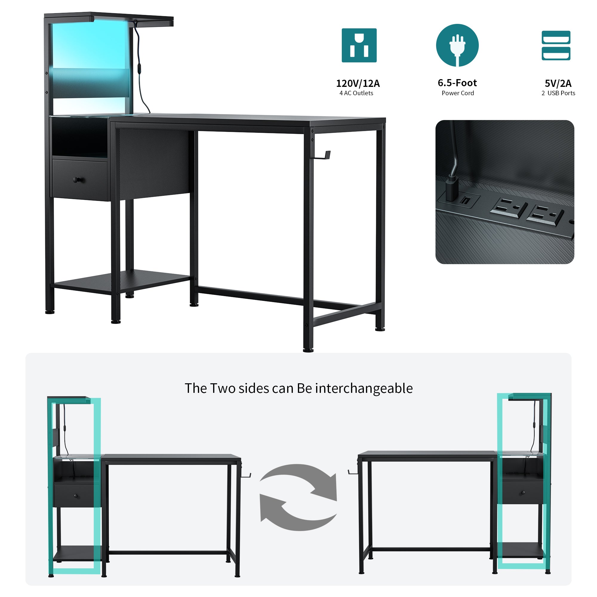 48-Inch Computer Desk with Power, Storage & LED