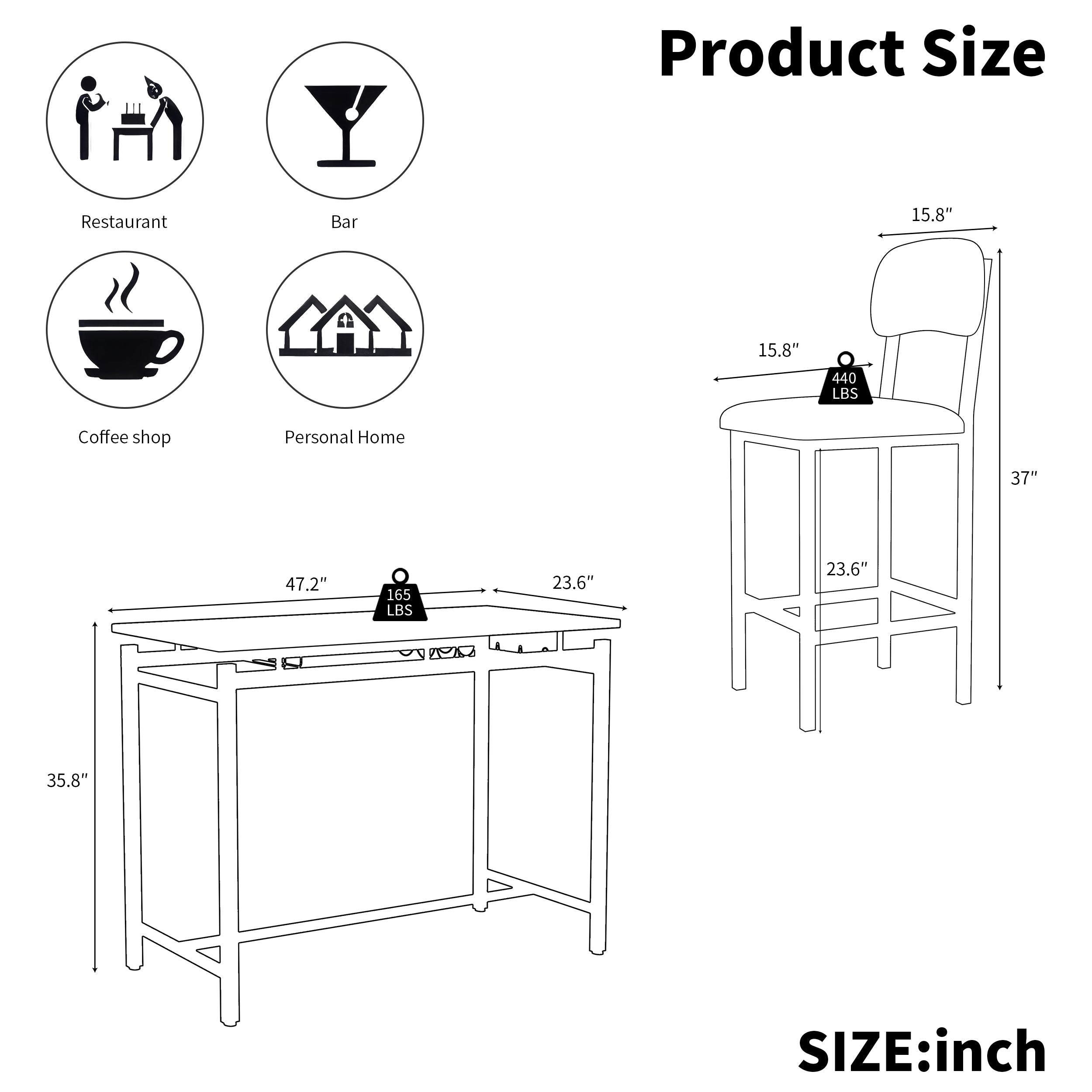 Kitchen Table Set, Dining Table and Chairs for 2, 3 Piece Dining Room Table Set with 2 Upholstered Chairs, Bar Dining Table Set for Small Spaces, Apartment, Breakfast, Pub, Rustic Black