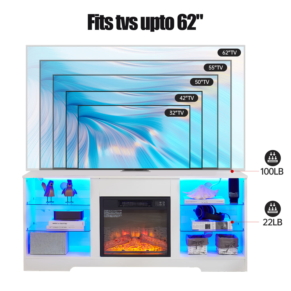 TV Stand Electric Fireplace TV Stand with Glass Shelves – view 3