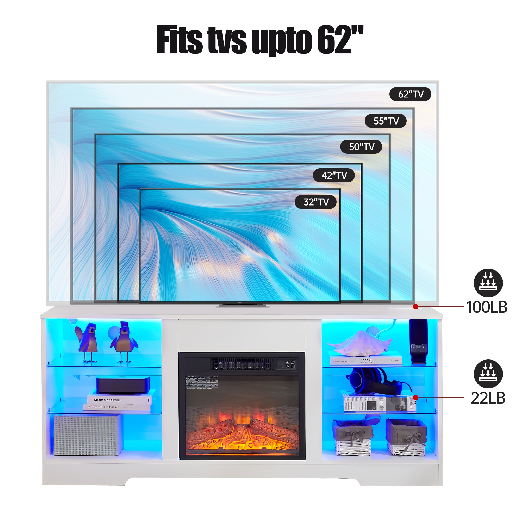 TV Stand Electric Fireplace TV Stand with Glass Shelves – view 3