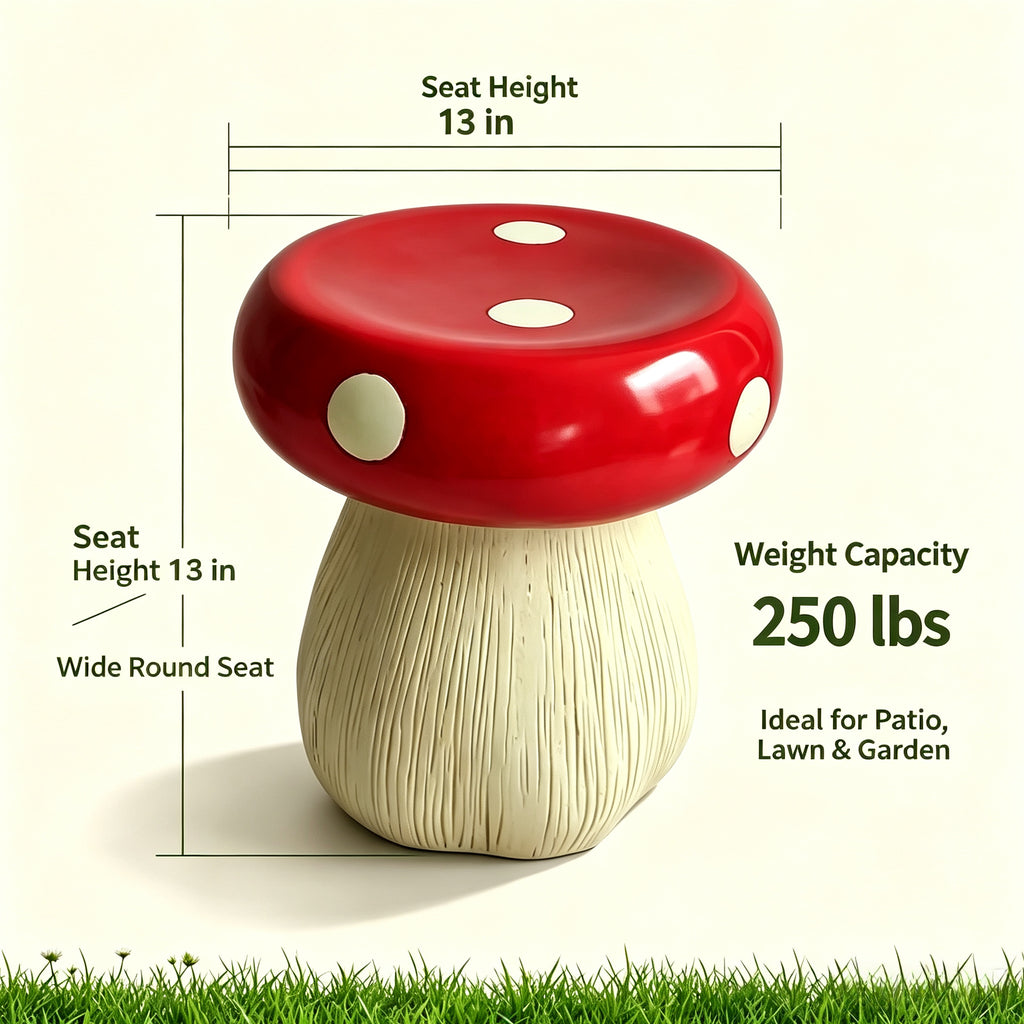 13.8" Oversized Mushroom Statue Stool, Resin Garden Stool with Forest Base – view 7