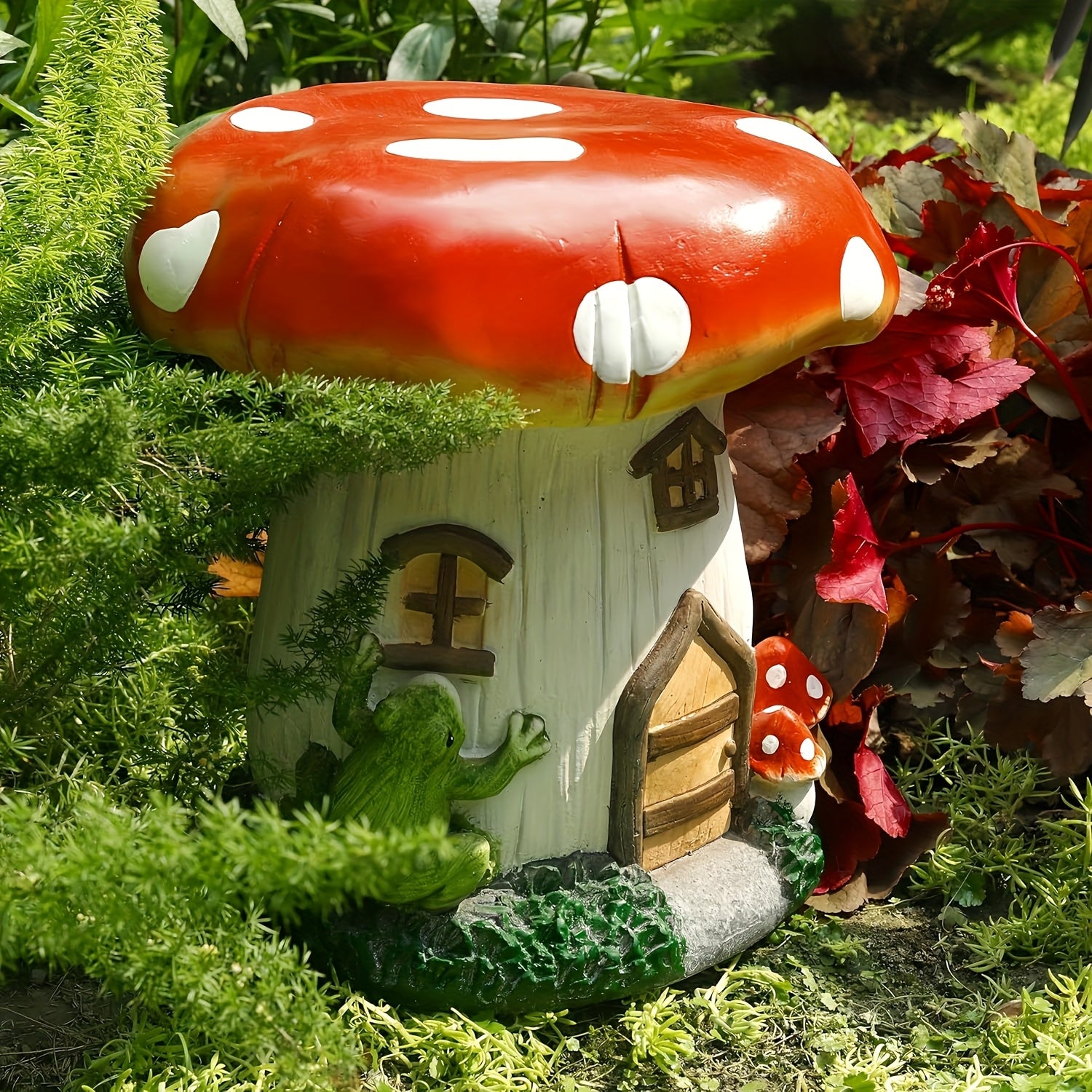 13.4" Mushroom House Garden Stool, Oversized Resin Sculpture & Fairy Forest Base – view 3