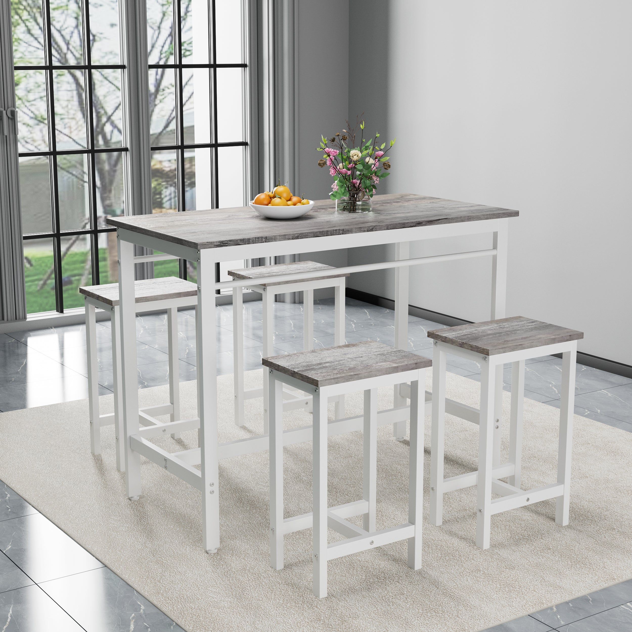 5-piece modern kitchen table with four bar stools Bar table set 5PC,metal frame and MDF, white oak,47.5'' L x 23.7'' W x 35.5'' H.