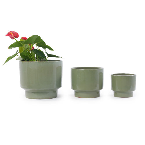 Handmade Solid Glaze Ceramic Planter Set of 3, 15/12/9 Inch Diameter, for Succulents & Flowers Outdoor Garden & Indoor Staircase Use, Breathable Porous Clay, Earthy Green
