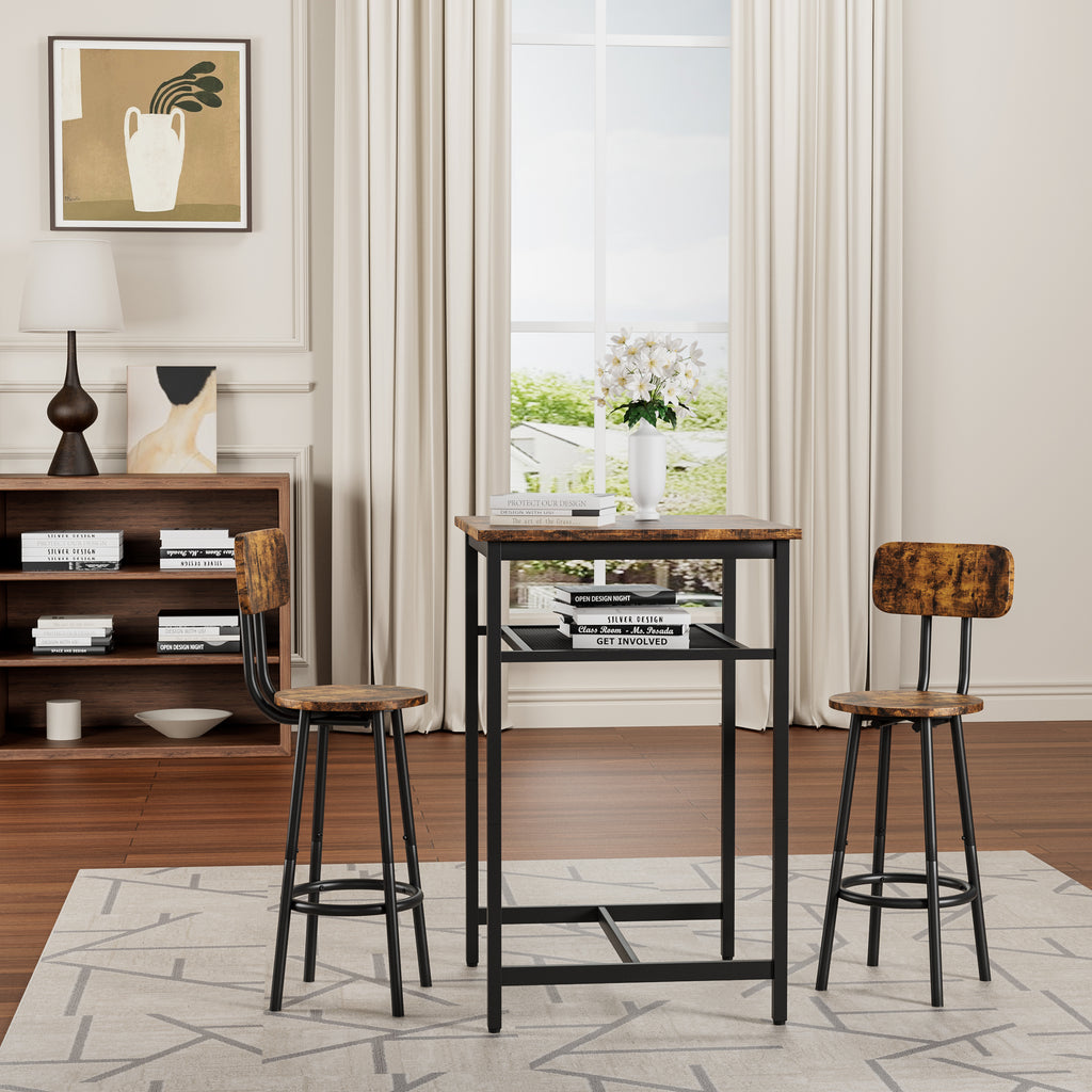 Bar table, equipped with 2 bar stools , with backrest and partition (Rustic Brown)