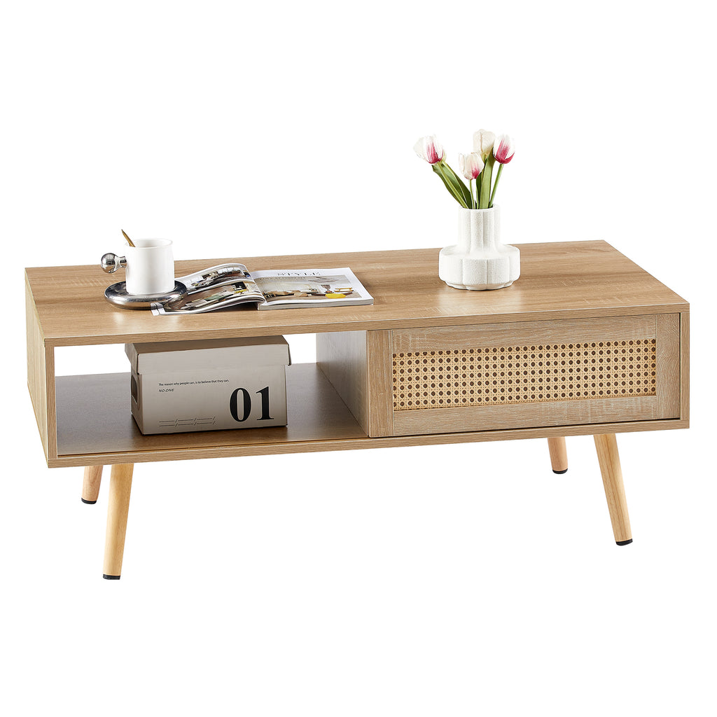 41.34" Rattan Coffee table, sliding door for storage, solid wood legs – view 7
