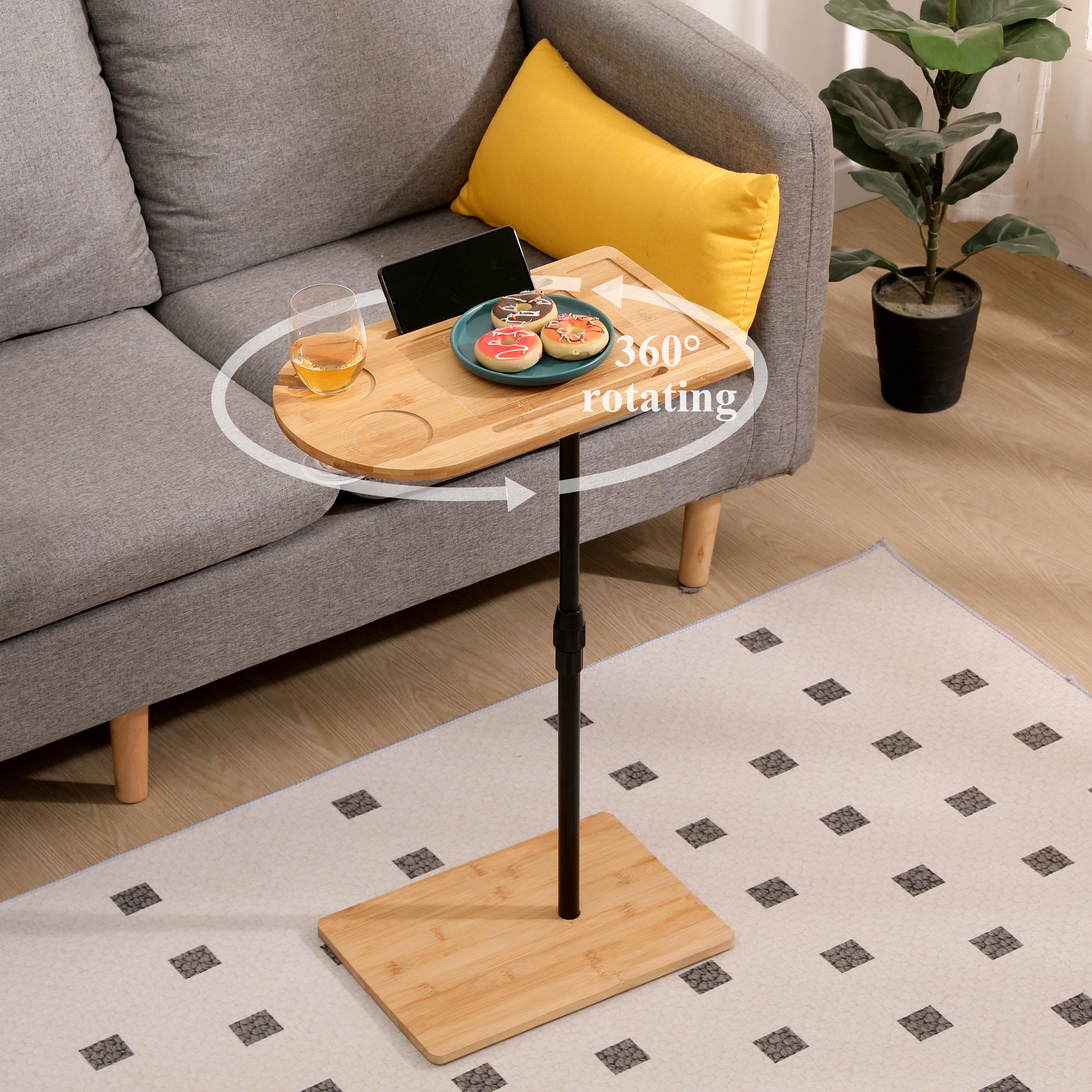 Couch Tray Table Bamboo Height Adjustable Side Table for Sofa C-shaped Oval End Tables – view 2