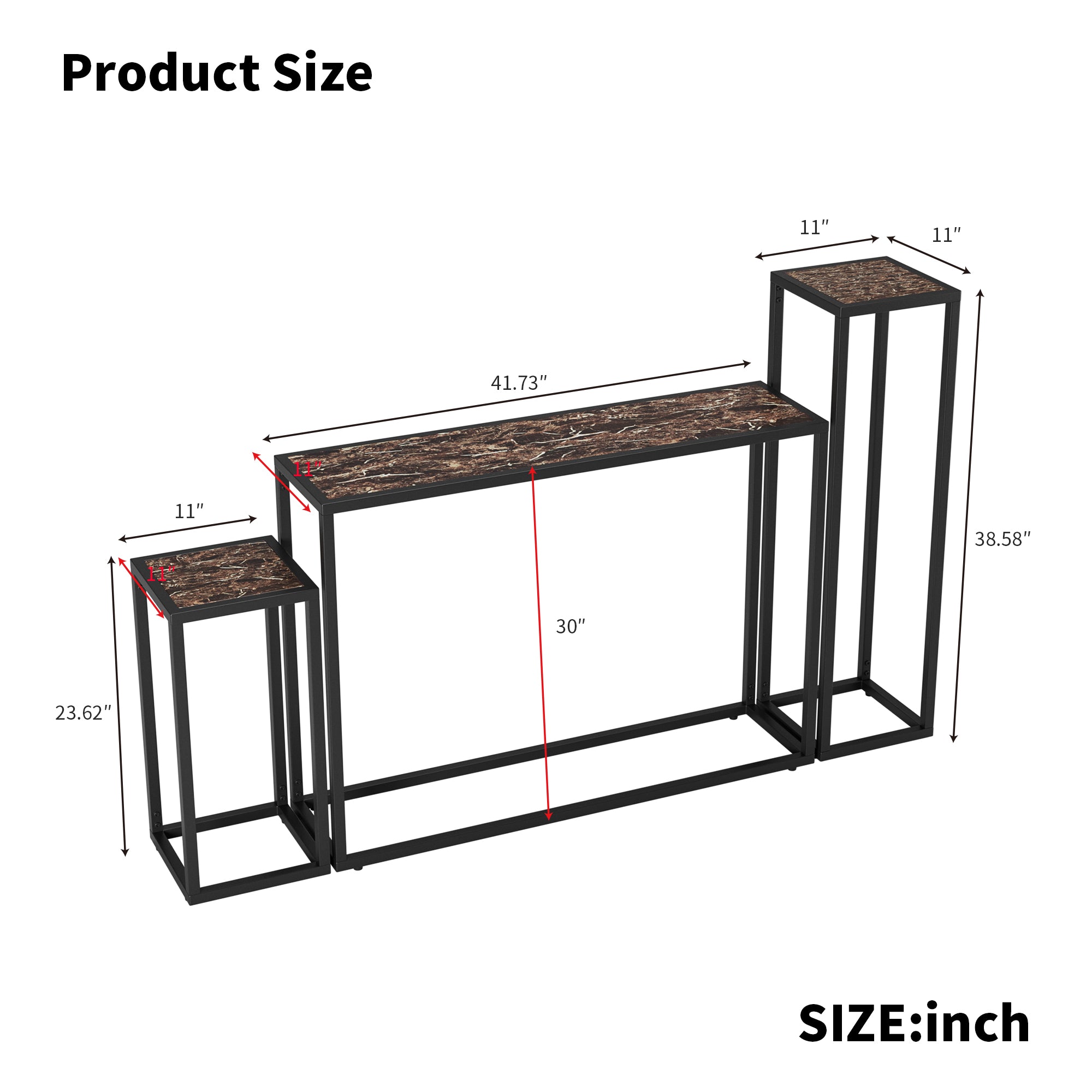3-piece set of narrow table, high-end edge wrapped entrance hall table, entrance, industrial corridor table, living room, entrance hall, rural brown black color