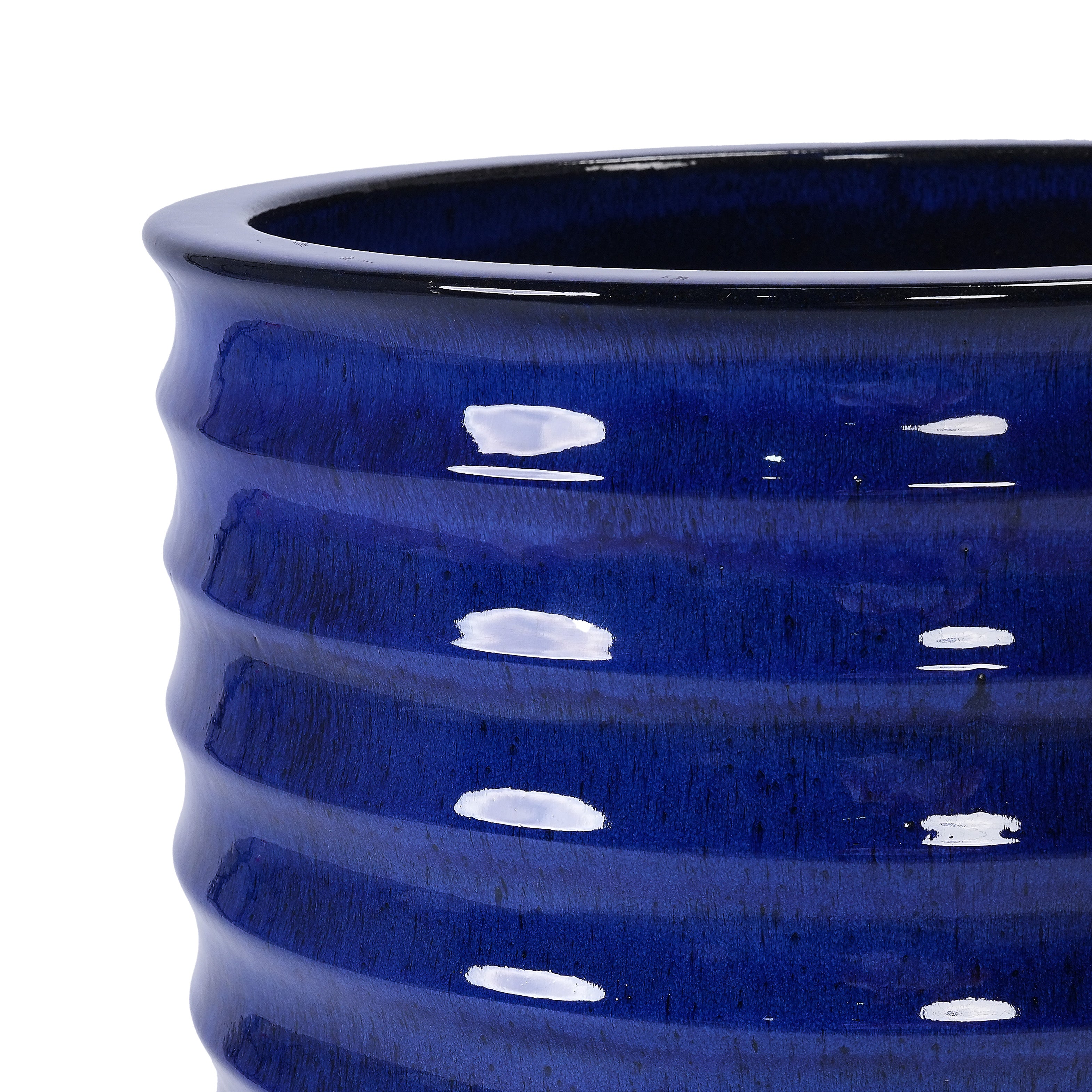 Handmade Sapphire Blue Ceramic Planter, 17 Inch Diameter, 1 Piece, Horizontal Ripples Pattern, for Monstera and Fiddle Leaf Fig, Indoor & Outdoor Doorway Use, Breathable Clay