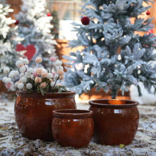 Handmade Rust-Red&Dark Green Ceramic Plant Pots Set of 3, 15/12/9 Inch Diameter,, Indoor & Outdoor Flower Pots for Tables, Couchside, Balcony & Garden, Breathable Clay with Drainage Hole