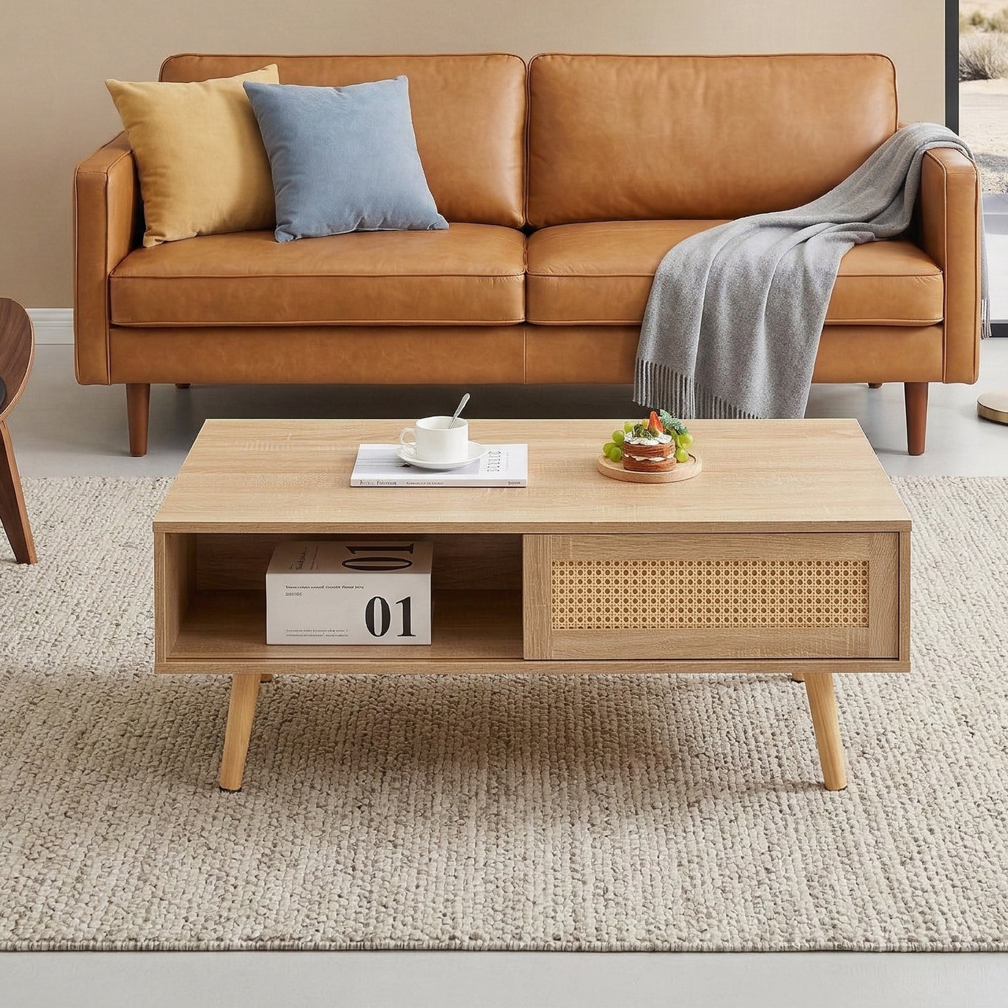 41.34" Rattan Coffee table, sliding door for storage, solid wood legs – view 4