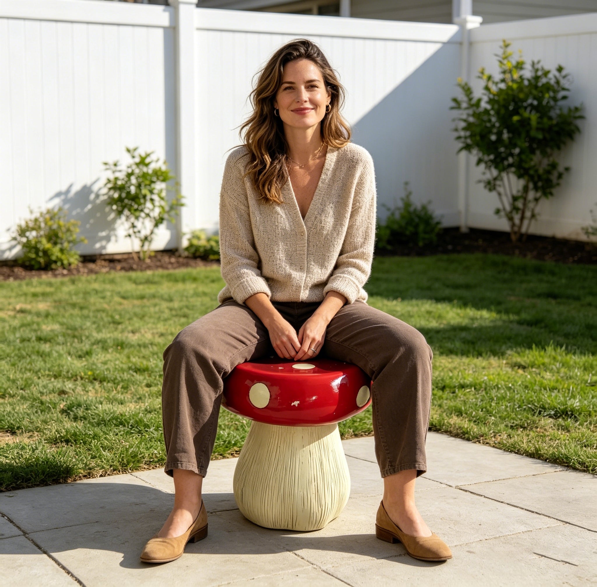 13.8" Oversized Mushroom Statue Stool, Resin Garden Stool with Forest Base – view 4