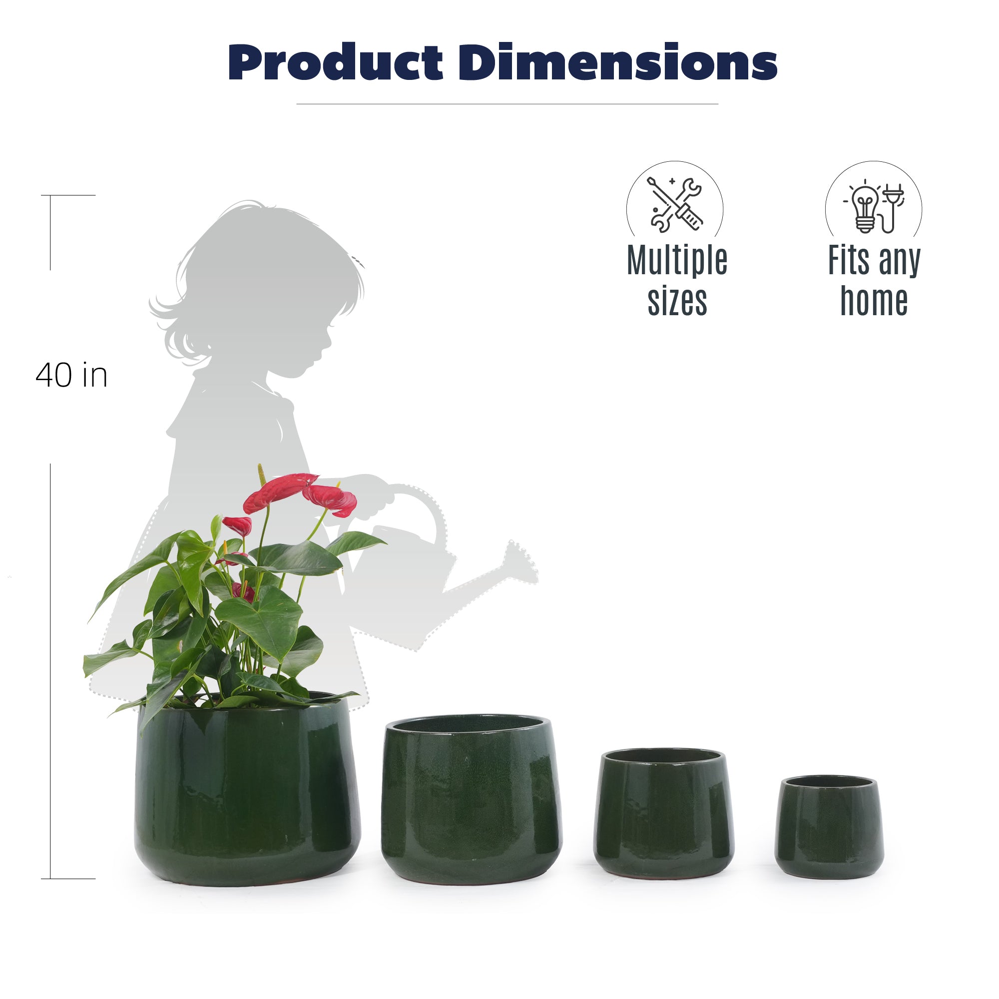 Handmade Solid Glazed Ceramic Planter Set of 4, 14/11/9/7 Inch Diameter, Deep Green – view 6