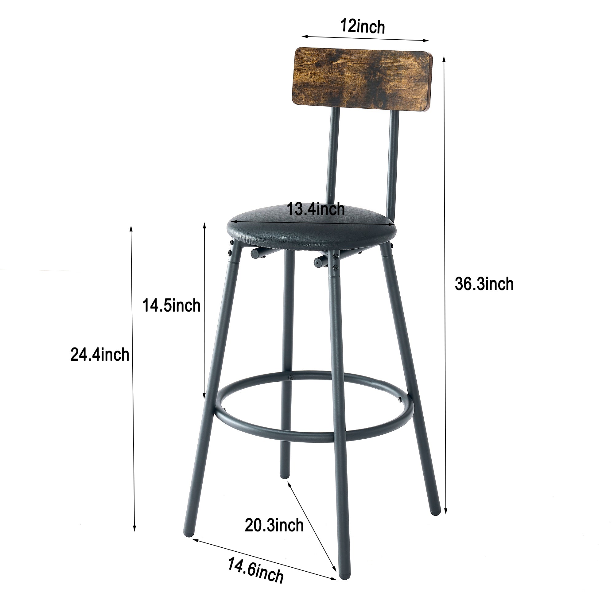 Round bar table and stool set with shelf, upholstered stool with backrest, Rustic Brown – view 11