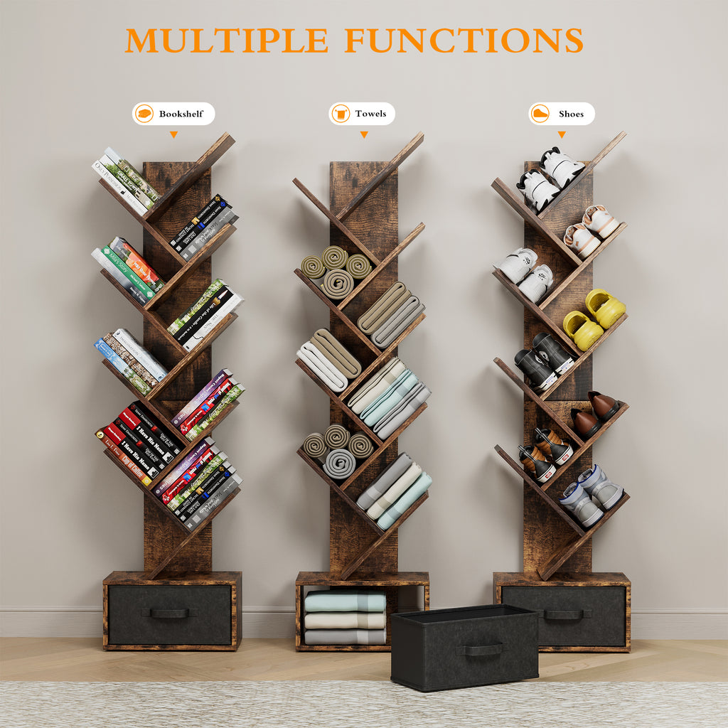 9-Tier Tree Bookshelf with Drawer