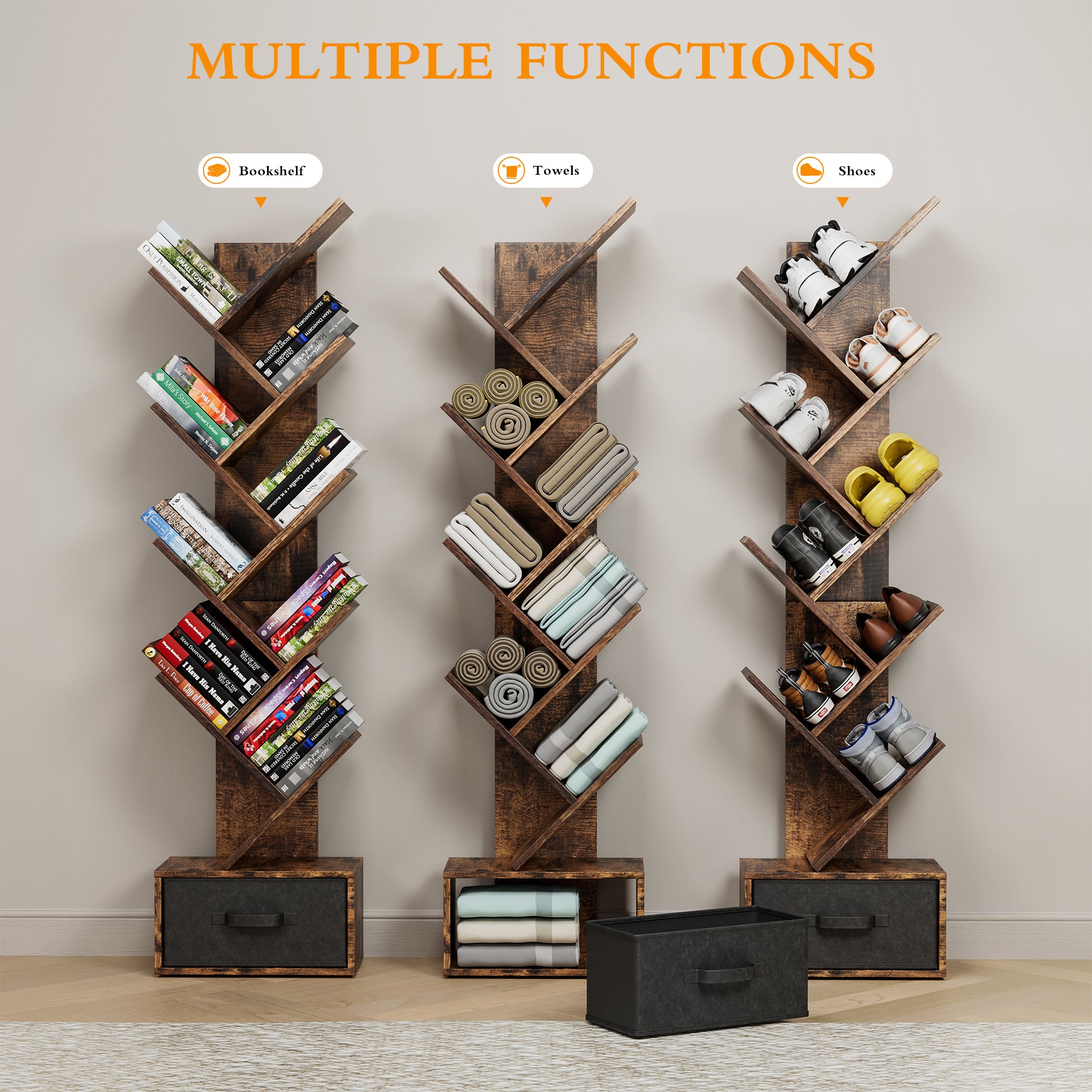 9-Tier Tree Bookshelf with Drawer
