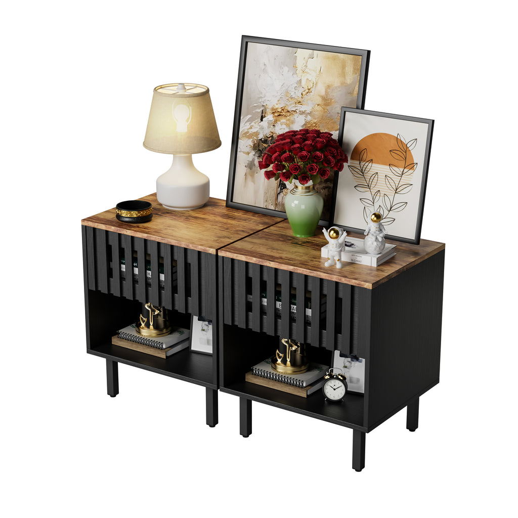 2 Set Nightstands with Grille Striped Doors, Mid Century Modern Nightstand, Bedside Table with Slatted Drawer Decor, End Tables Bedroom with Metal Legs, Night Stand for Bedroom