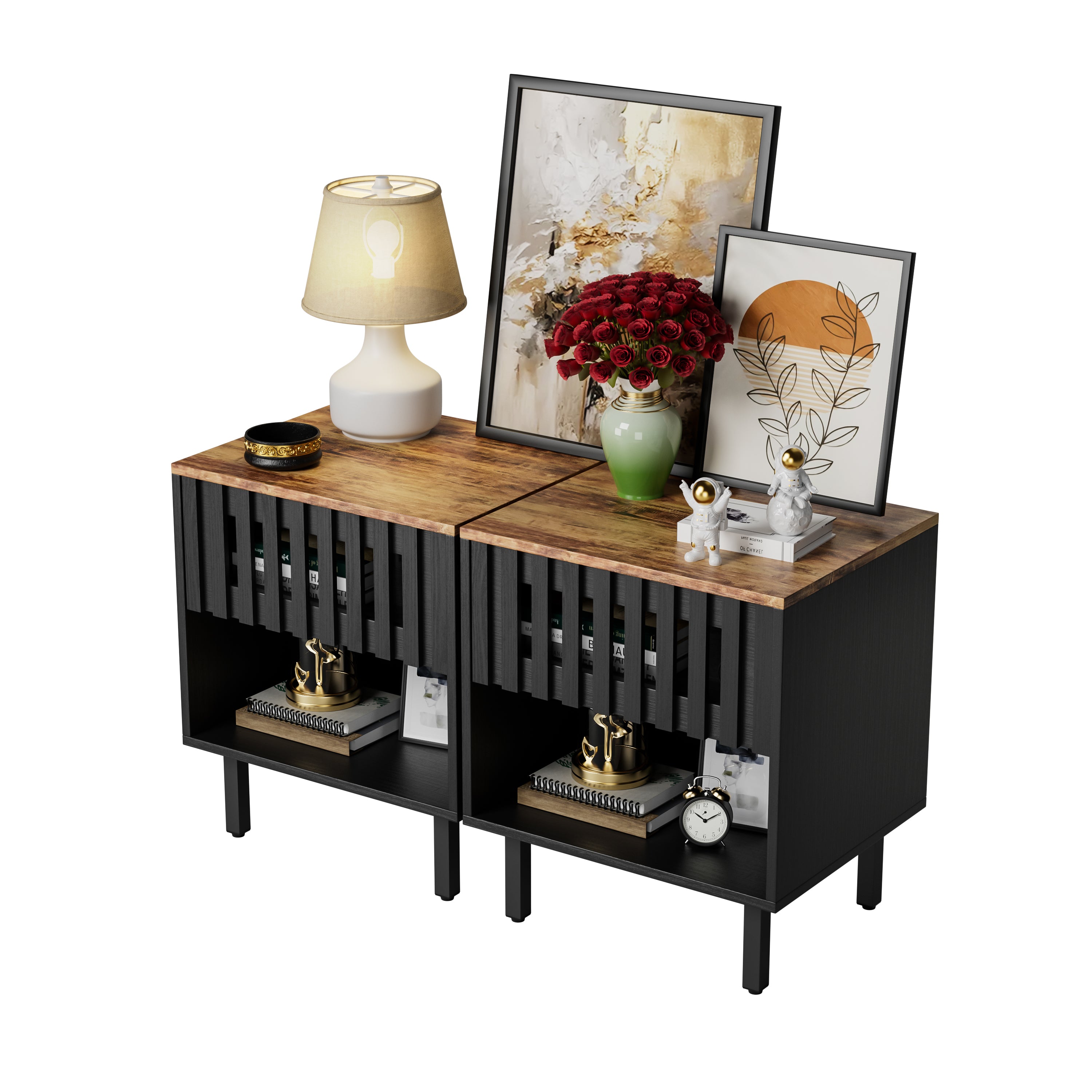 2 Set Nightstands with Grille Striped Doors, Mid Century Modern Nightstand, Bedside Table with Slatted Drawer Decor, End Tables Bedroom with Metal Legs, Night Stand for Bedroom